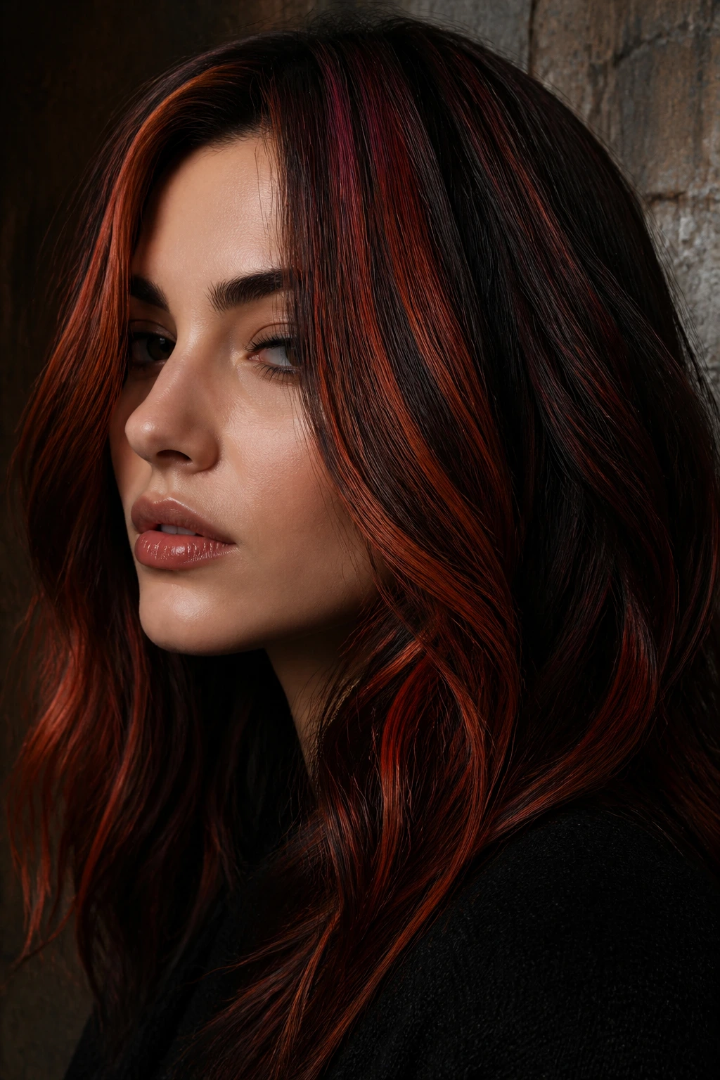 Portrait of a person with dark brown base and bold strawberry-red highlights in dramatic lighting