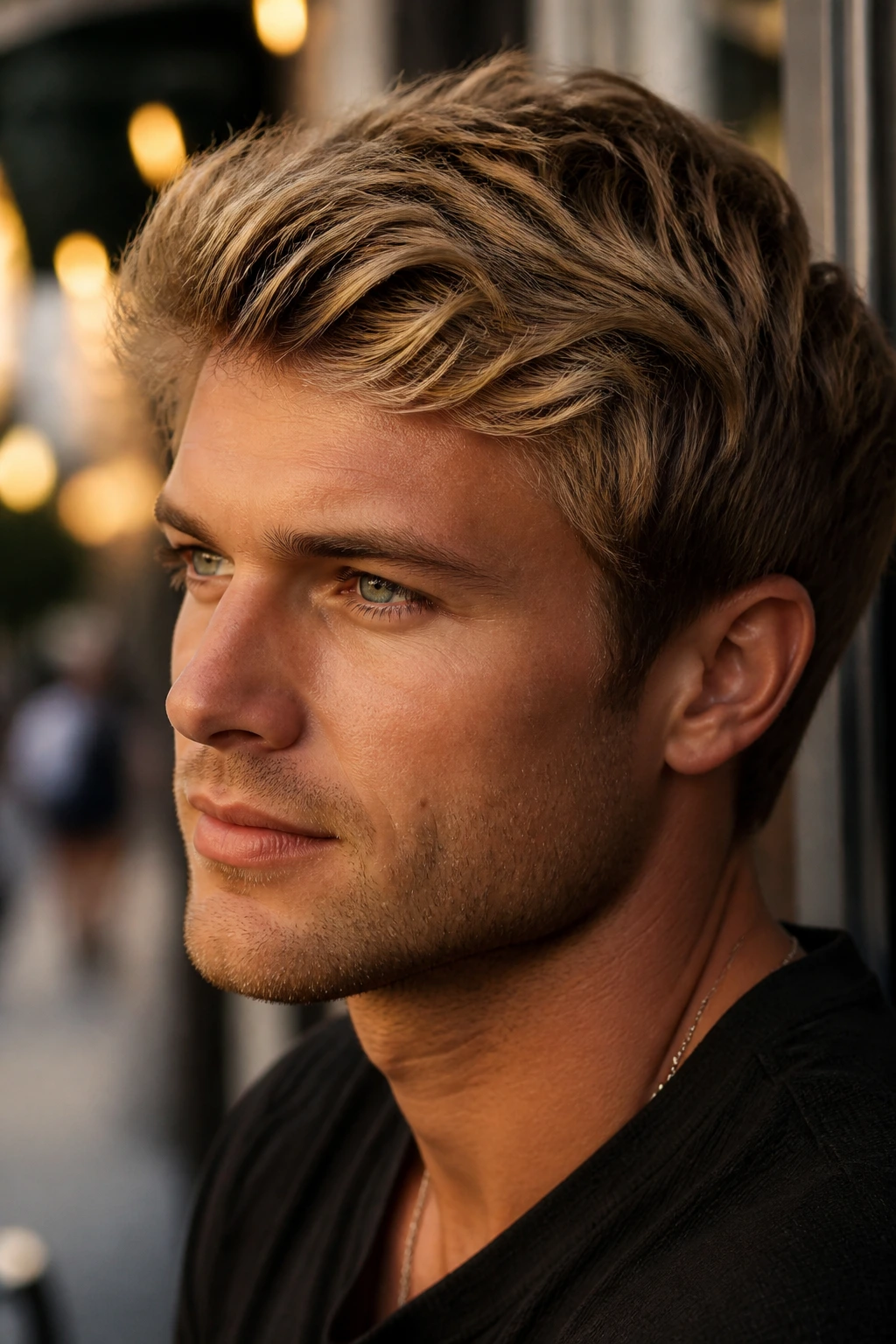 Close-up of a real man with dark blonde hair and shadow roots in a neat cut