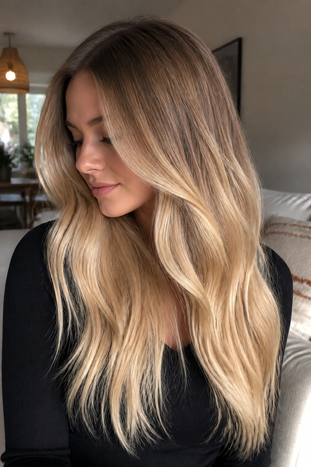 Close-up of a real woman with dark blonde to wheat blonde ombre hair