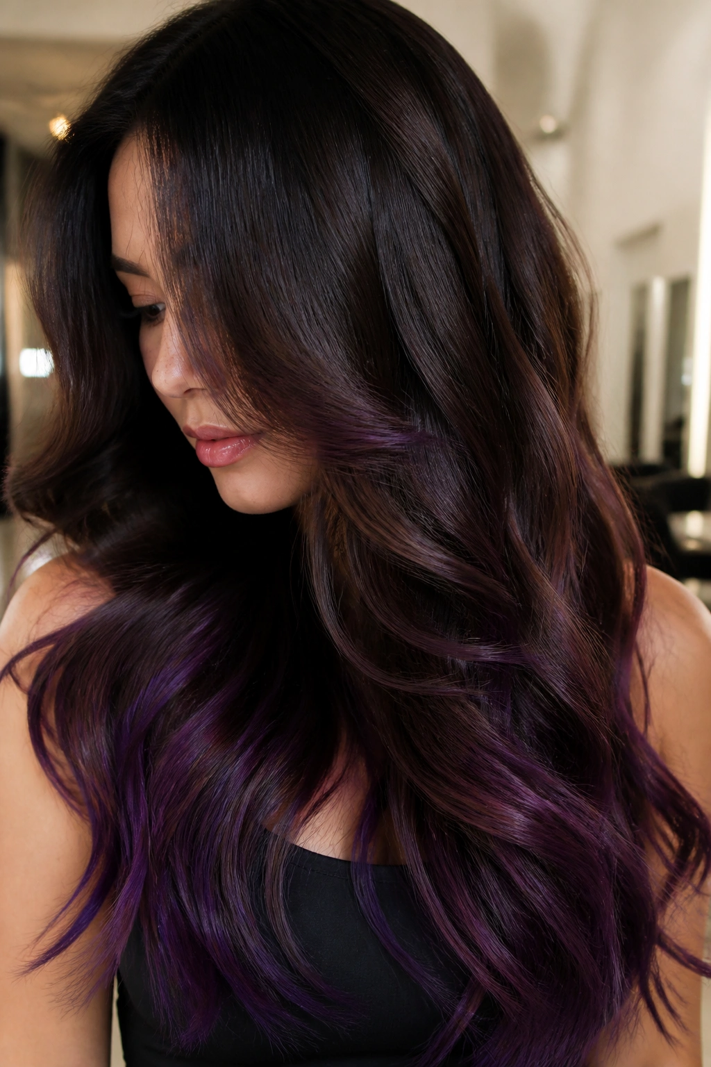 Close-up of hair transitioning from dark brown to blackberry gradient on a real woman