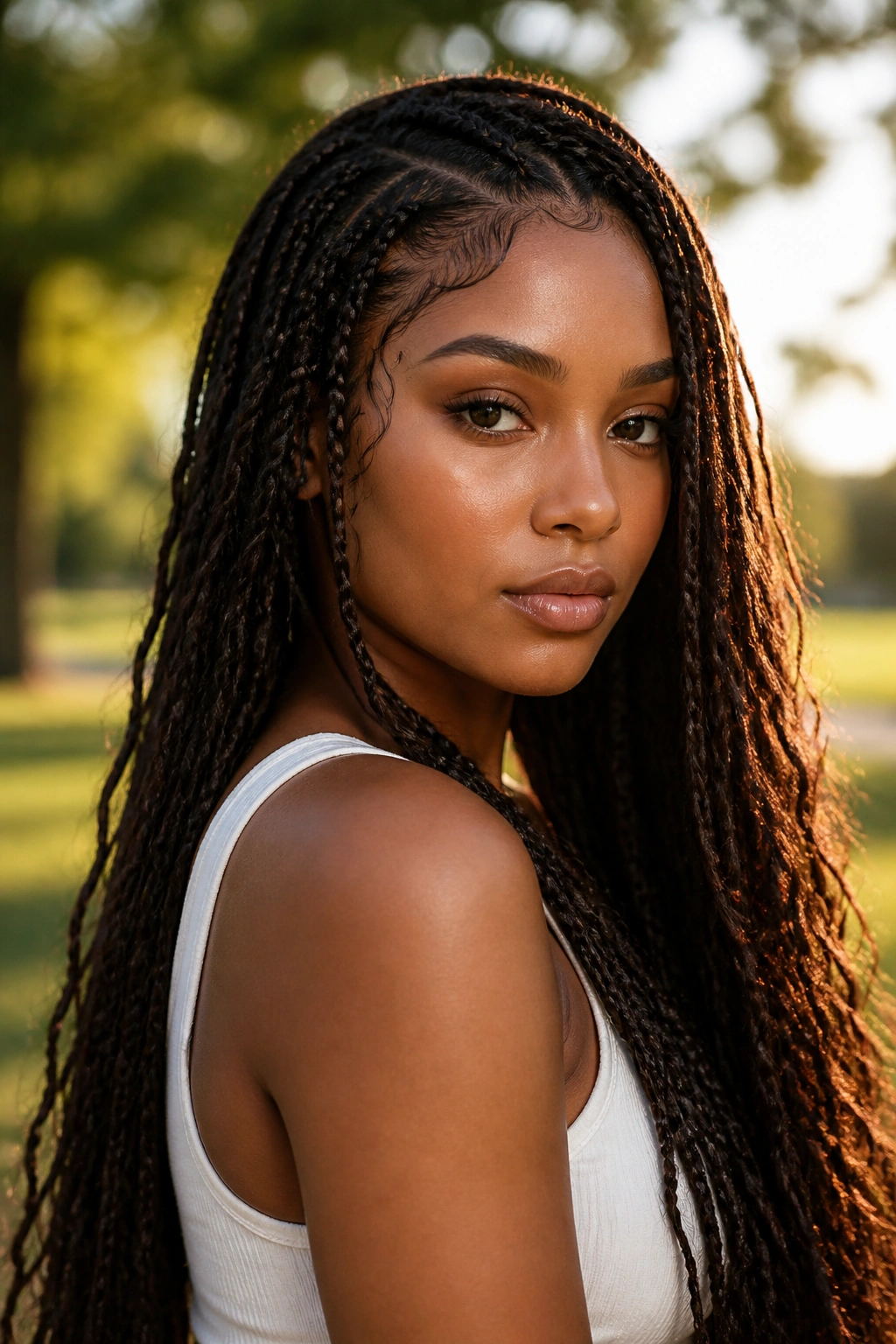 Profile of dark brown braids with soft edges on a real woman outdoors