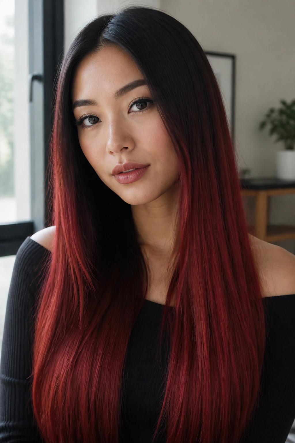Close-up of dark brown to brick red straight ombre hair