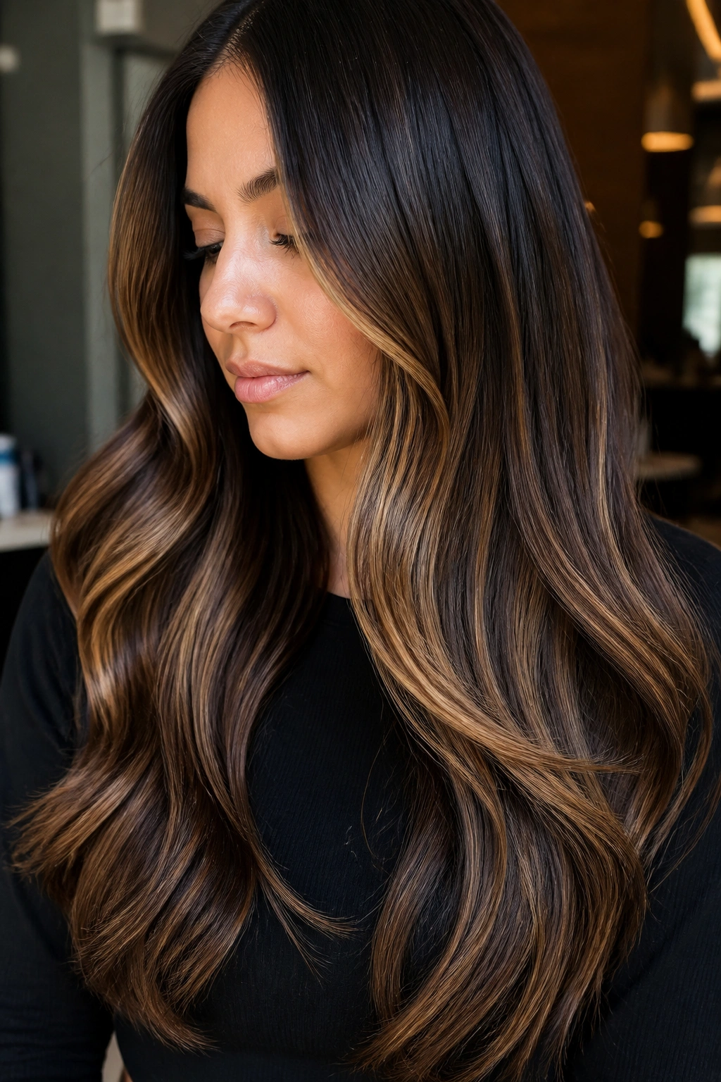 Close-up of long hair with dark brown to caramel ribbon ombre and subtle waves