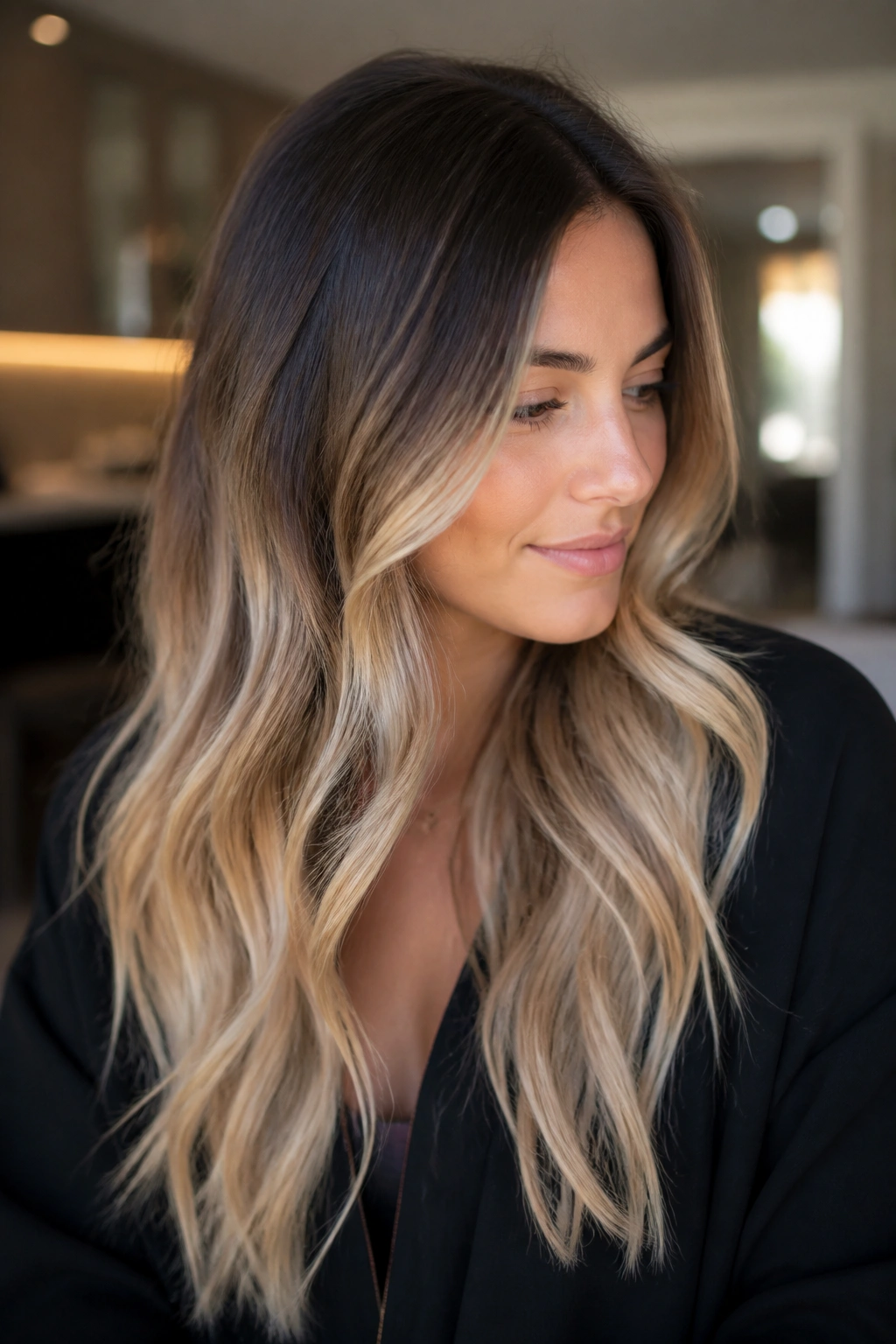 Close-up of a real woman with dark brown to champagne blonde ombre hair in a polished finish.