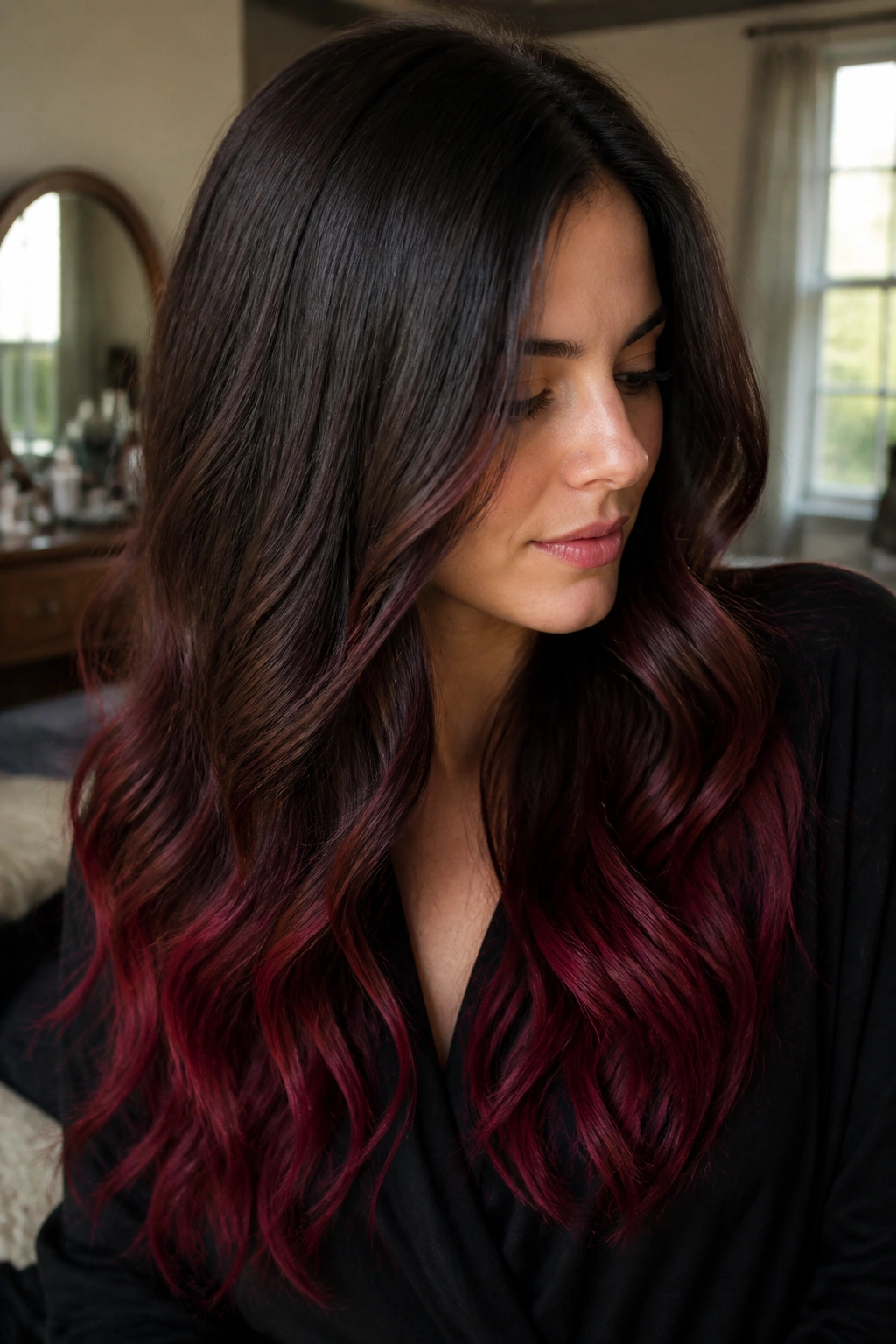Close-up of a real woman with espresso brown hair fading to cherry ends.