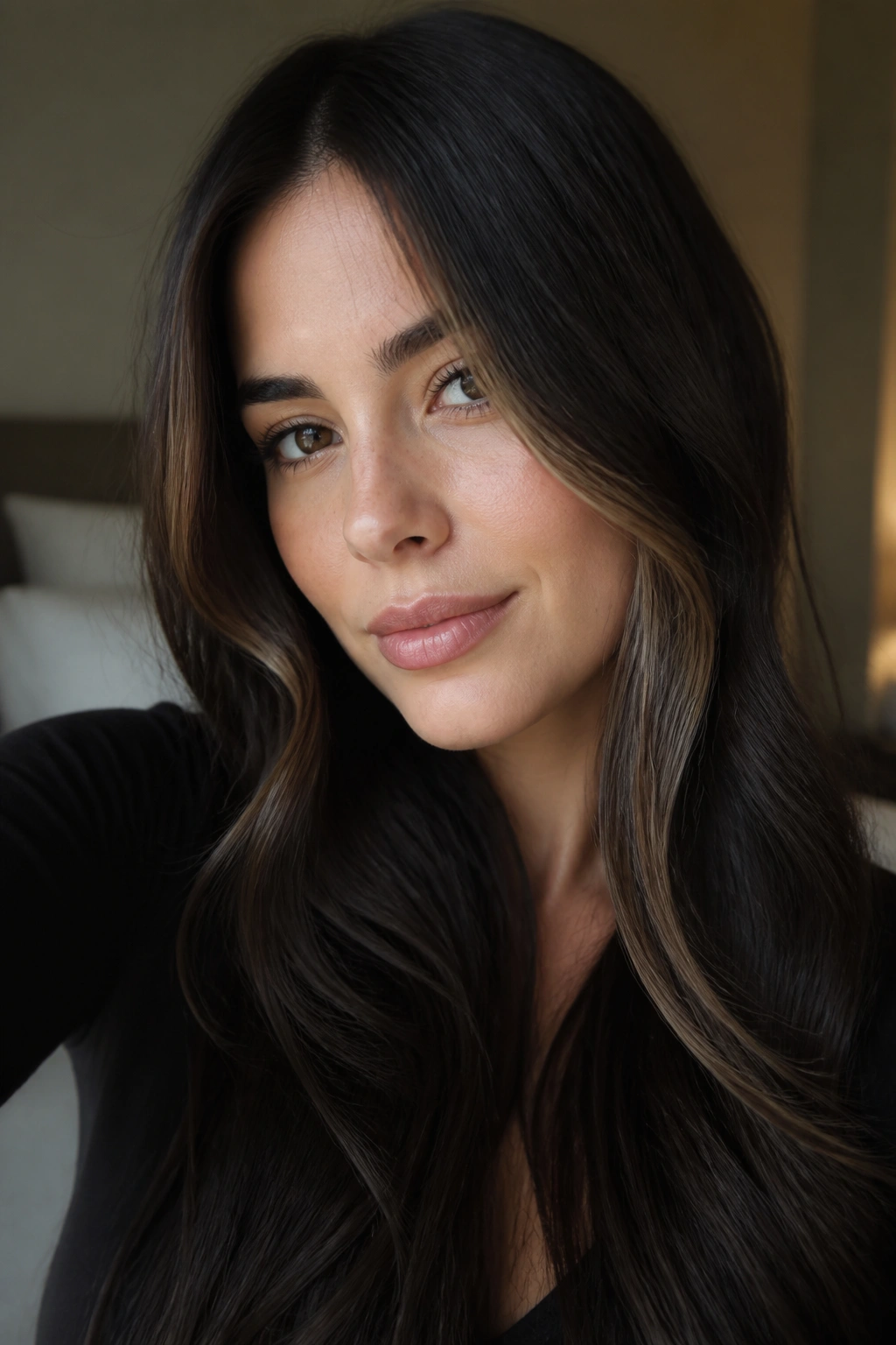 Close-up portrait of a real woman with glossy dark brown hair and subtle face-framing pieces