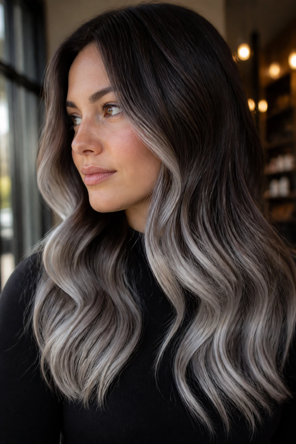 Close-up of dark brown hair fading into silver-dip lengths starting below the cheekbone