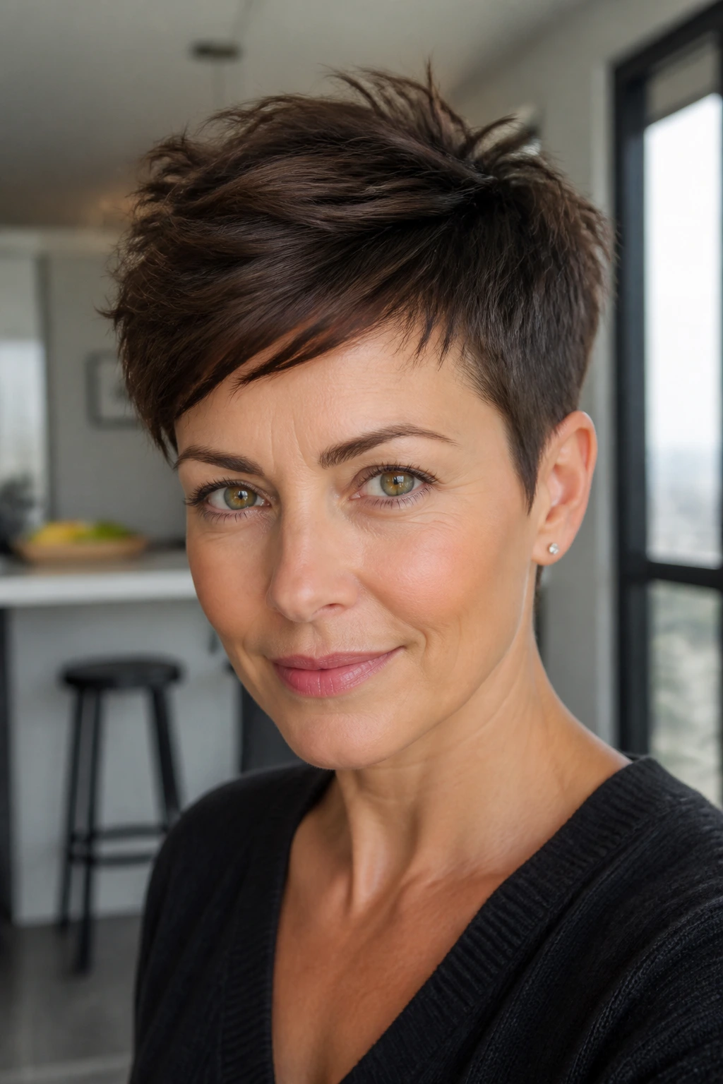 Close-up portrait of a real woman with dark brown long-top pixie.
