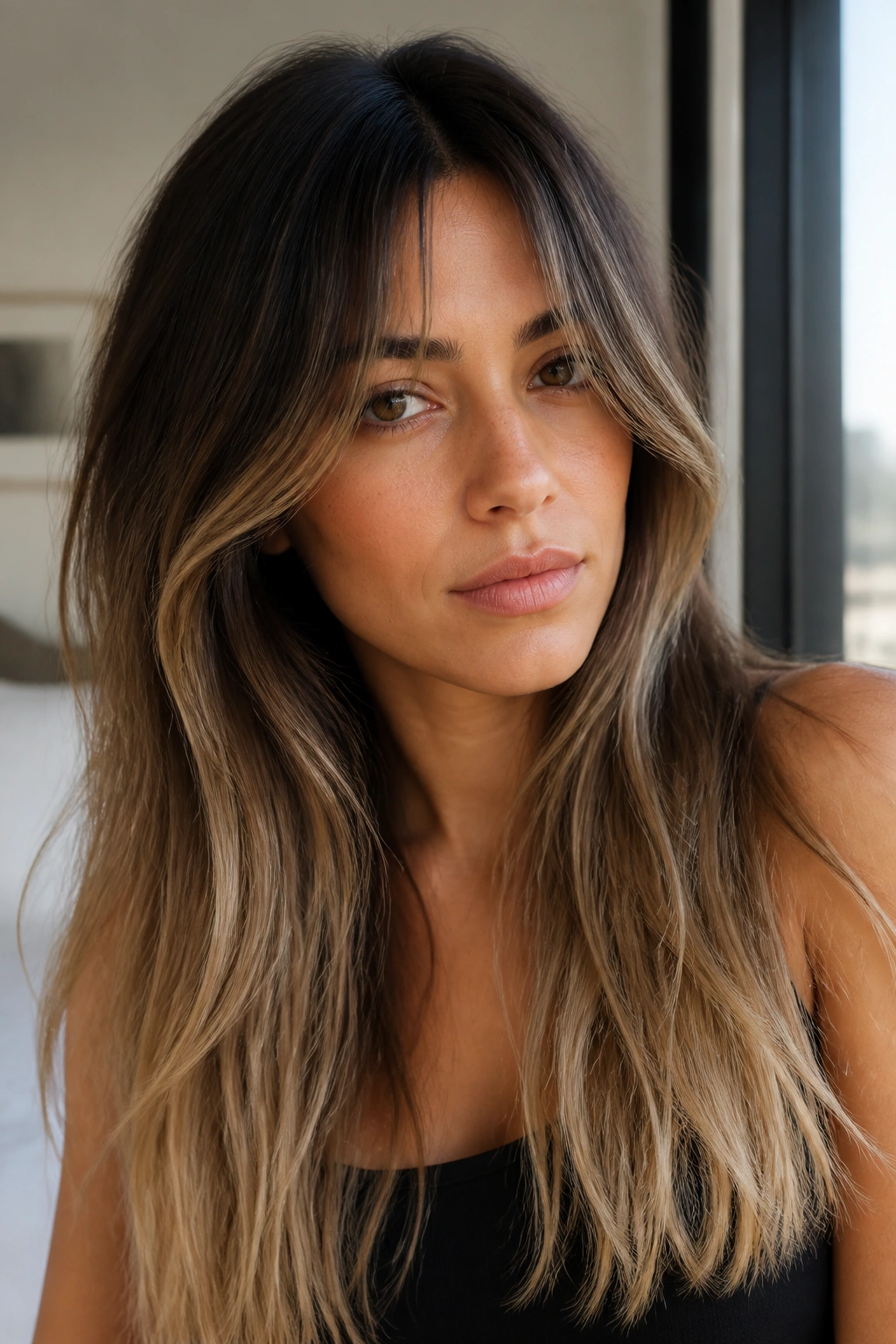 Portrait of a real woman with dark brown to sandy blonde ombre and curtain bangs
