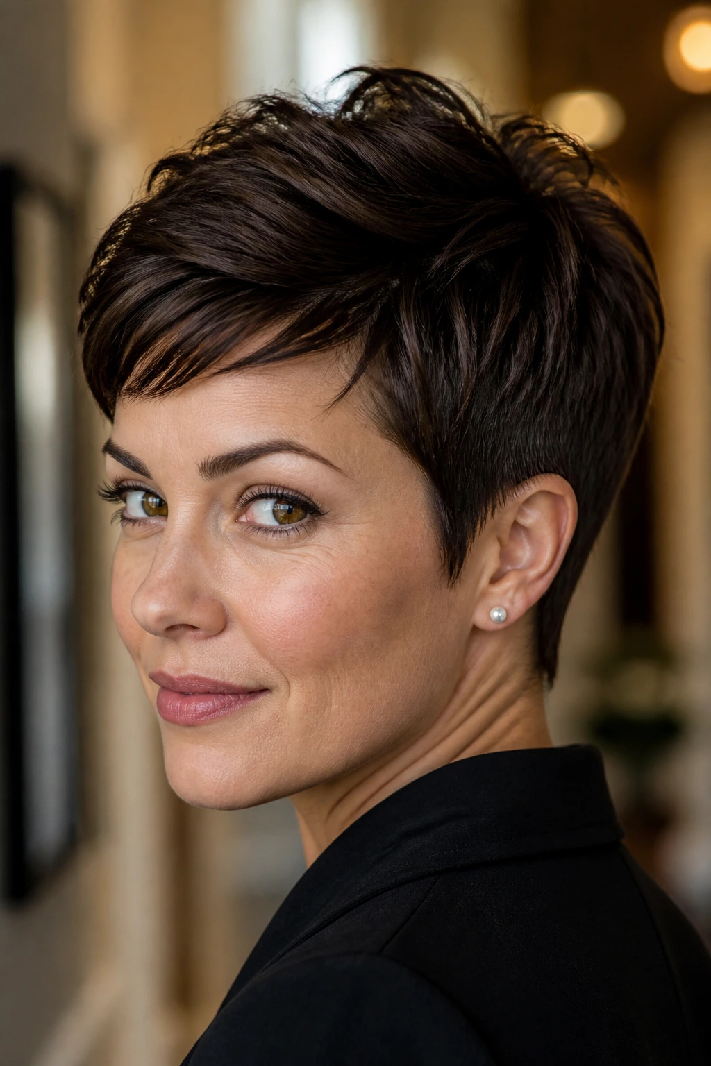 Close-up of real woman with dark brown tapered pixie in hallway light