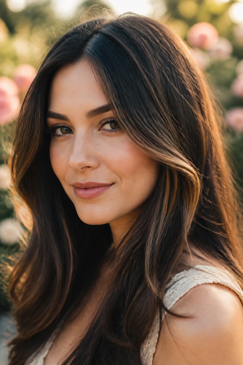 Close-up portrait of a real person with dark brunette hair and bronze veil under golden hour light
