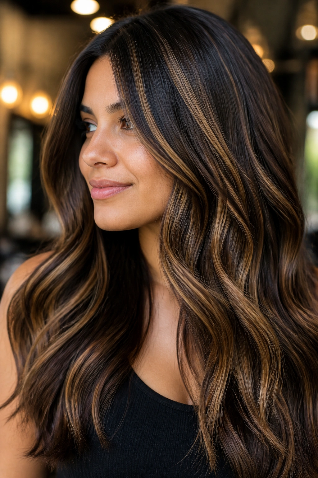 Portrait of a real woman with dark brunette hair and bold caramel ribbon highlights.