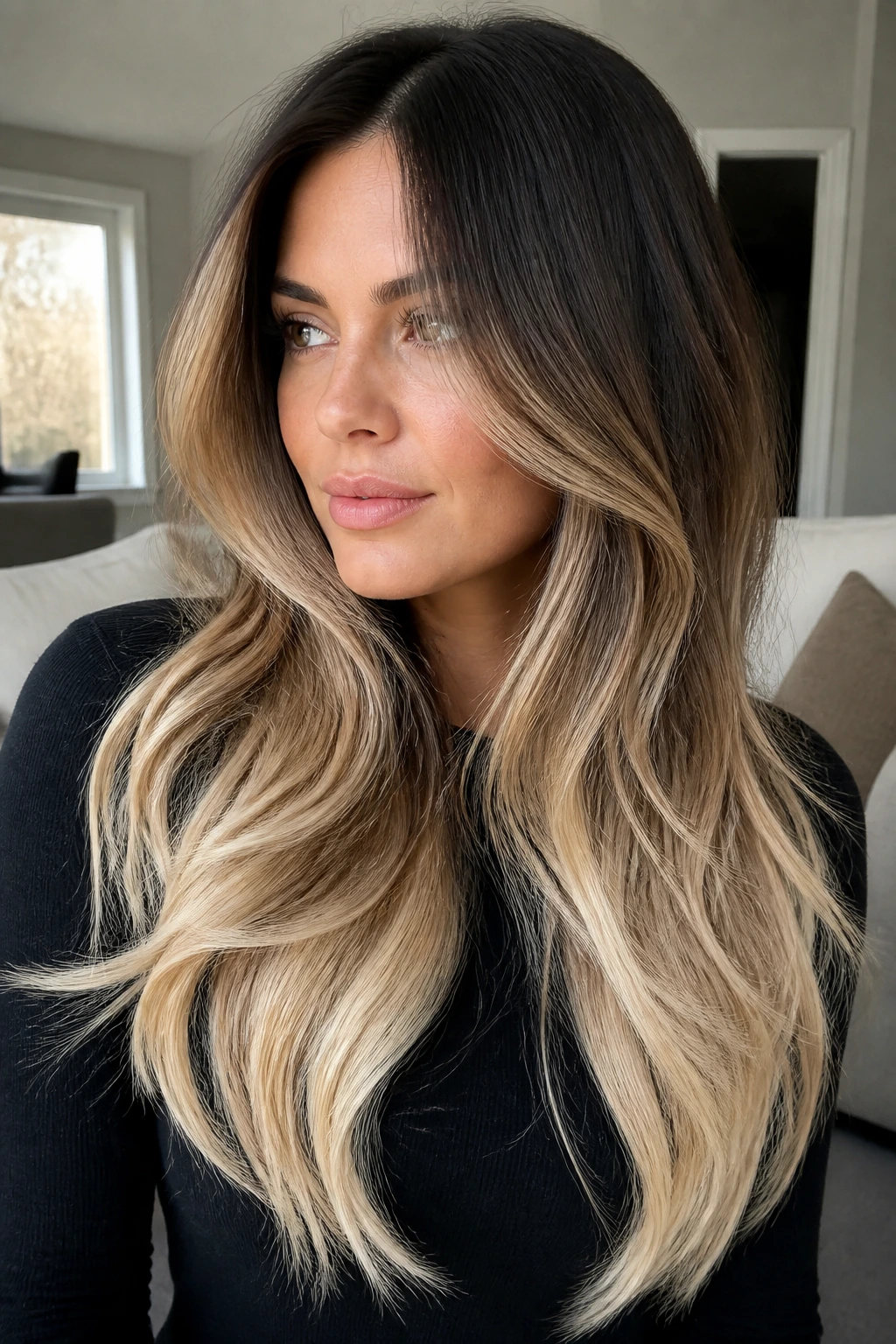 Portrait of hair transitioning from dark brunette to cream blonde with visible long layers