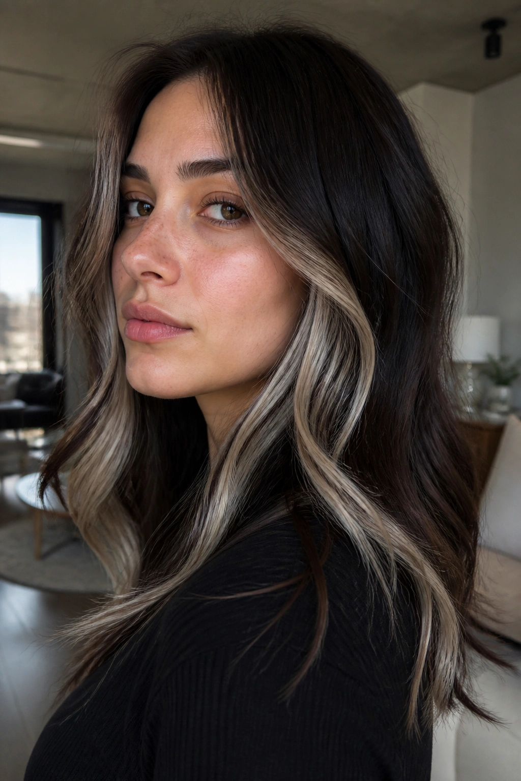 Dark brunette with frosted platinum peekaboo panels on a real person.