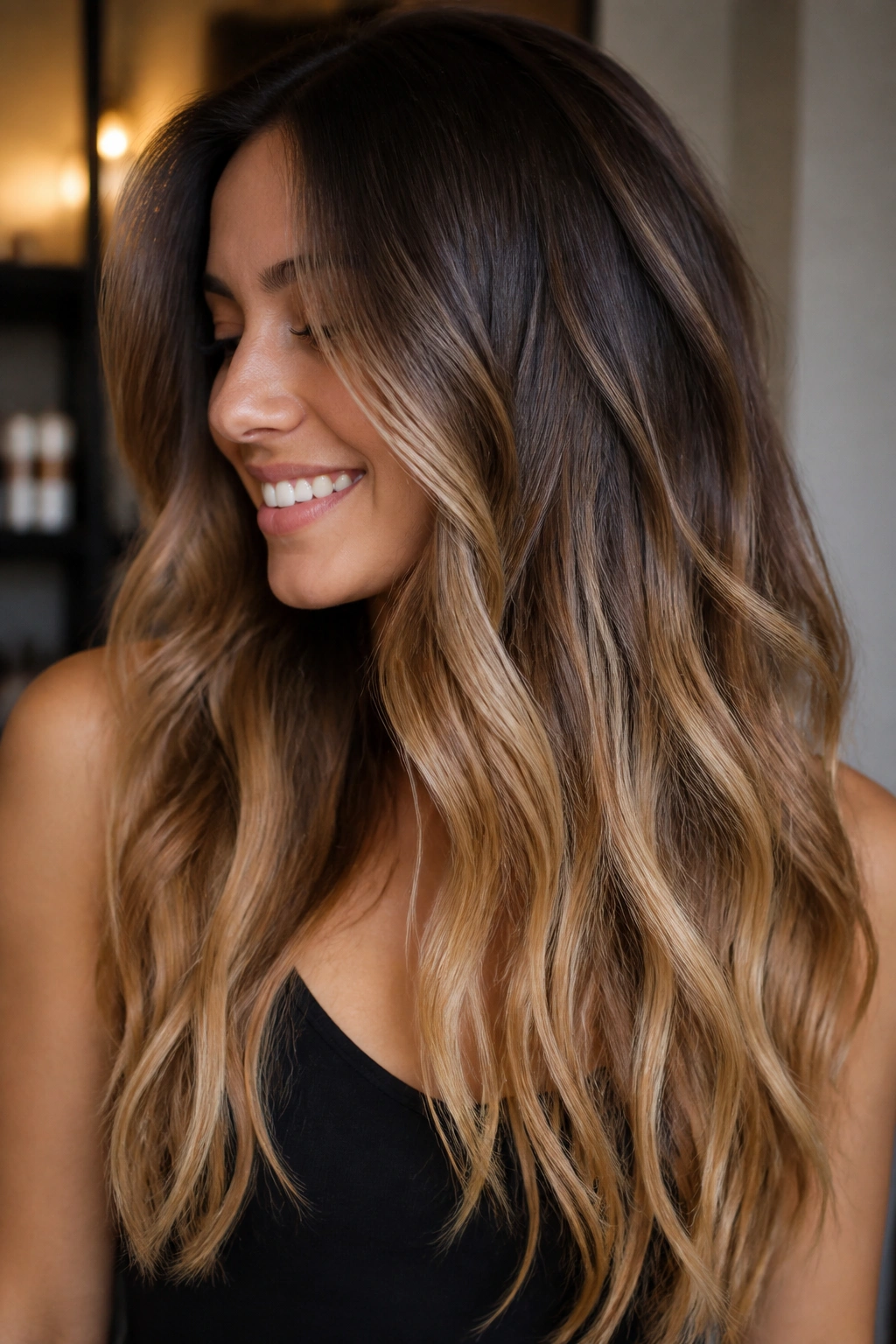 Close-up of long hair with dark brunette to honey blonde transition