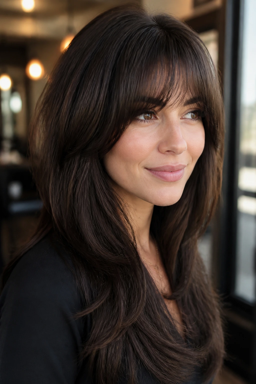 Close-up portrait of a real woman with dark brunette layered hair and blended fringe in warm window light