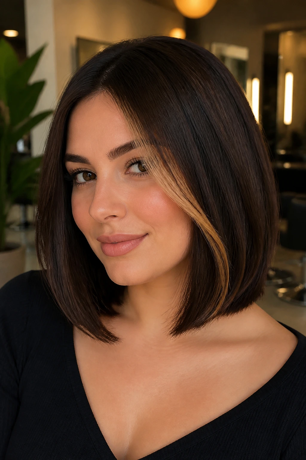 Close-up of dark brunette lob with a warm toffee money piece on a real person