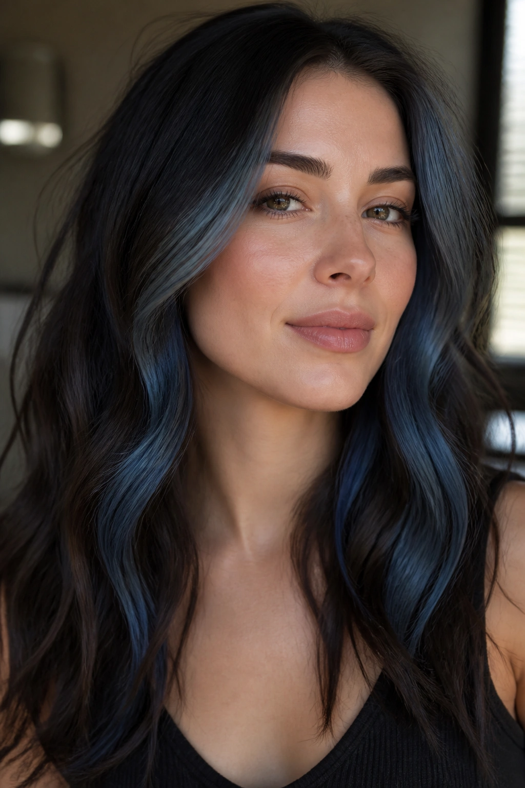 Dark brunette hair with slate blue face-framing pieces on a real person