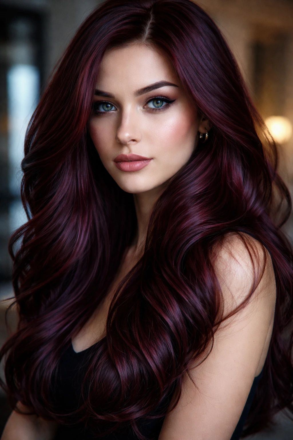 Close-up of a real person with dark burgundy mahogany hair