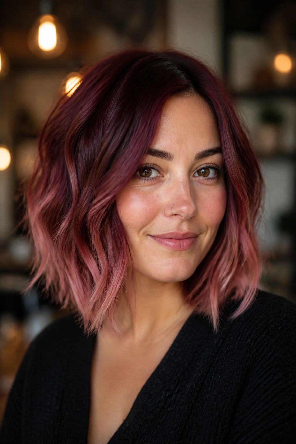 Dark cherry hair with blush ends on a textured lob