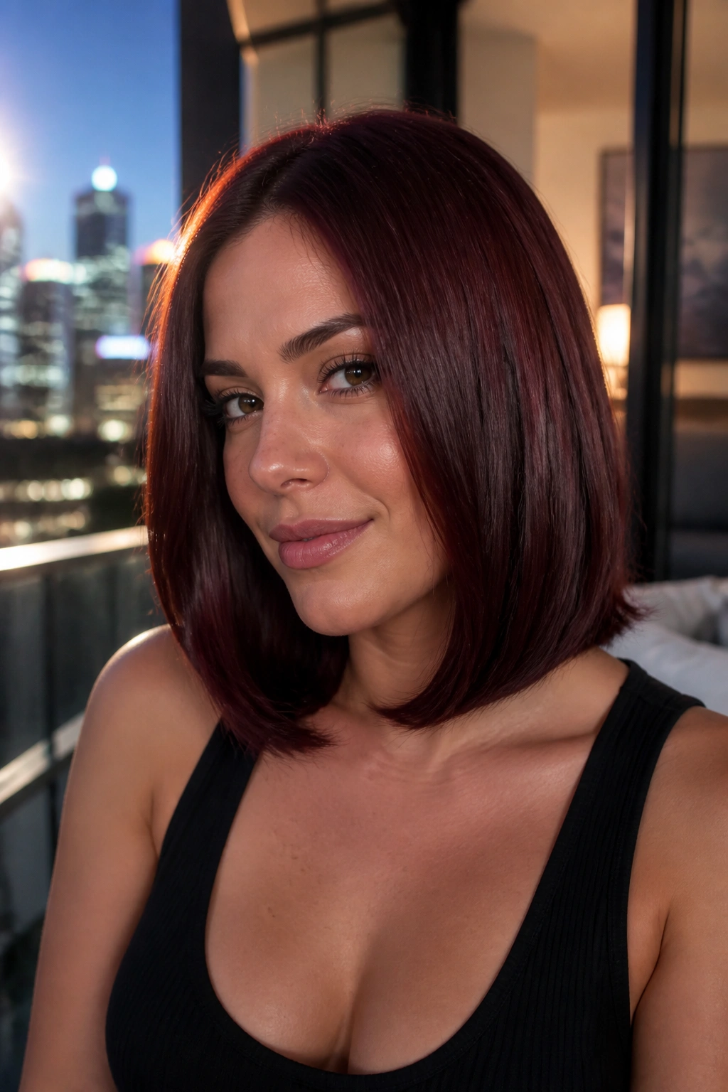 Close-up portrait of a woman with dark cherry lob and beveled ends