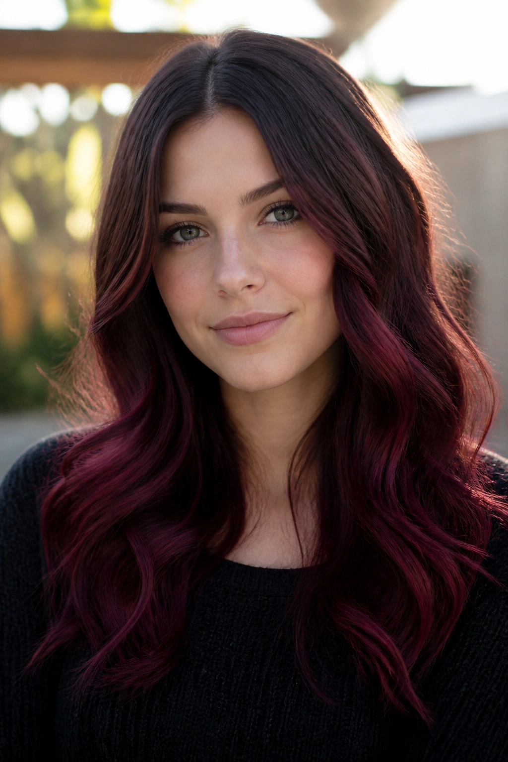 Close-up of dark cherry ombré hair with chocolate roots and cherry-red ends