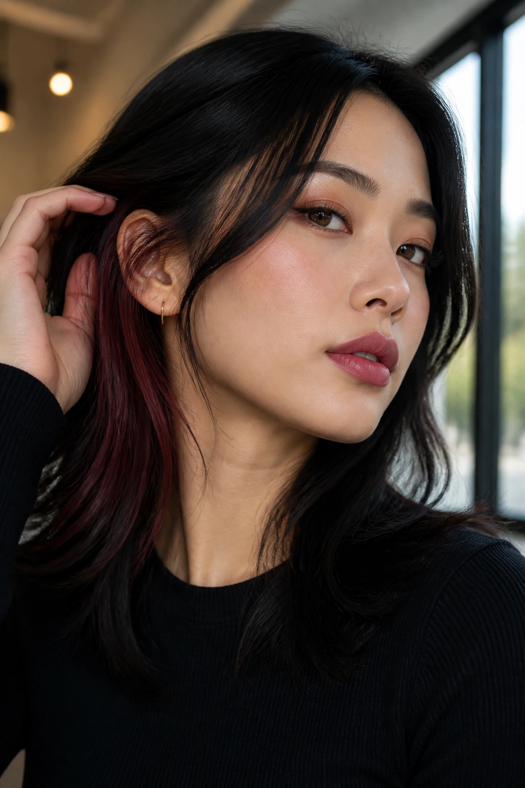 Portrait of a real person showing a dark cherry panel tucked behind the ear
