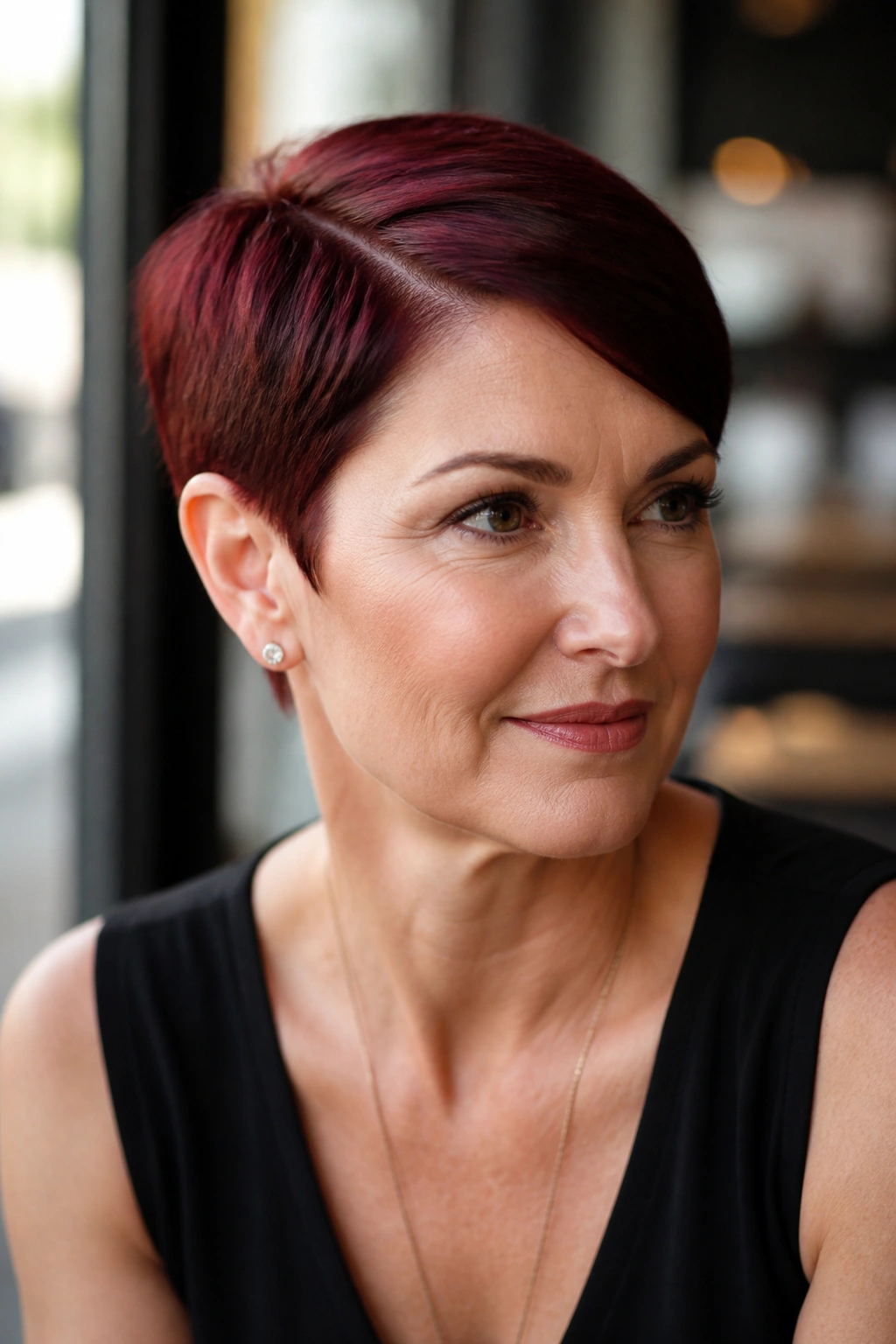 Close-up of a real woman with dark cherry sleek pixie and side part.