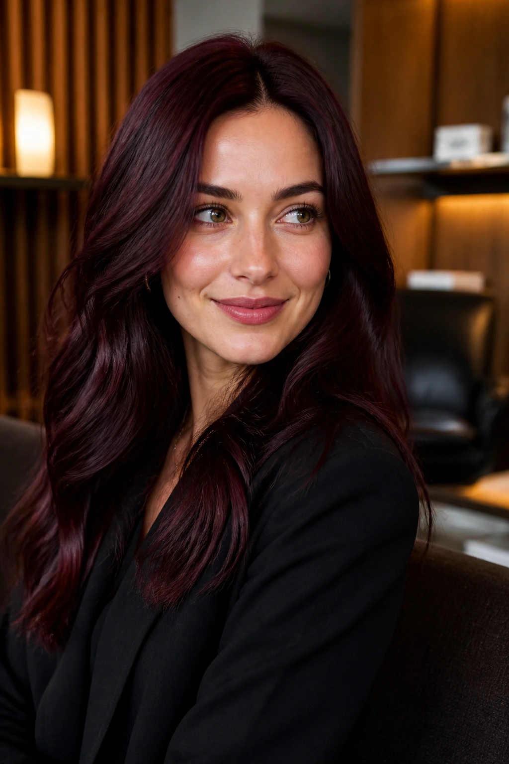 Close-up portrait of a real woman with dark cherry velvet hair.