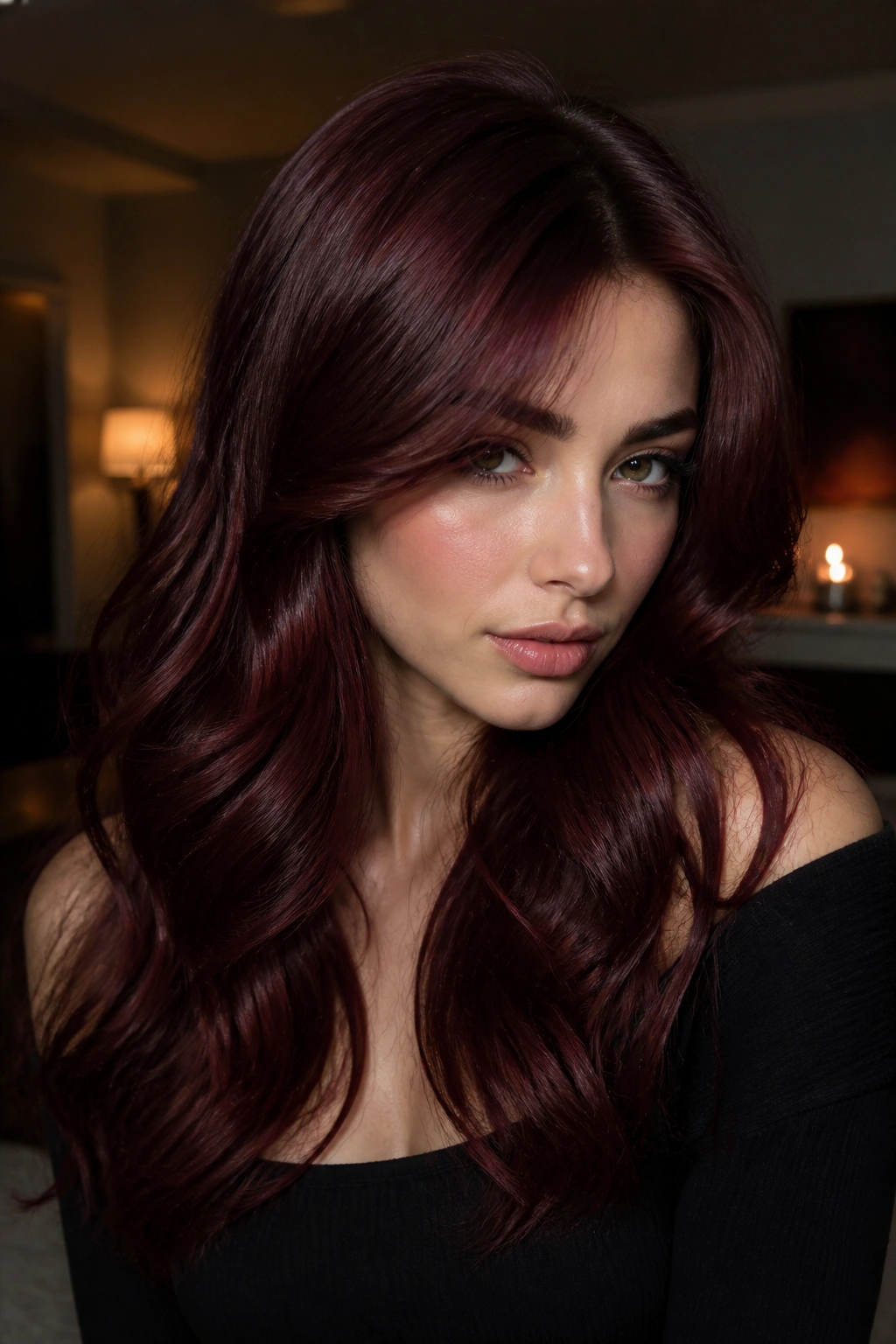 Close-up of a real woman with Dark Cherry Velvet hair under moody warm light