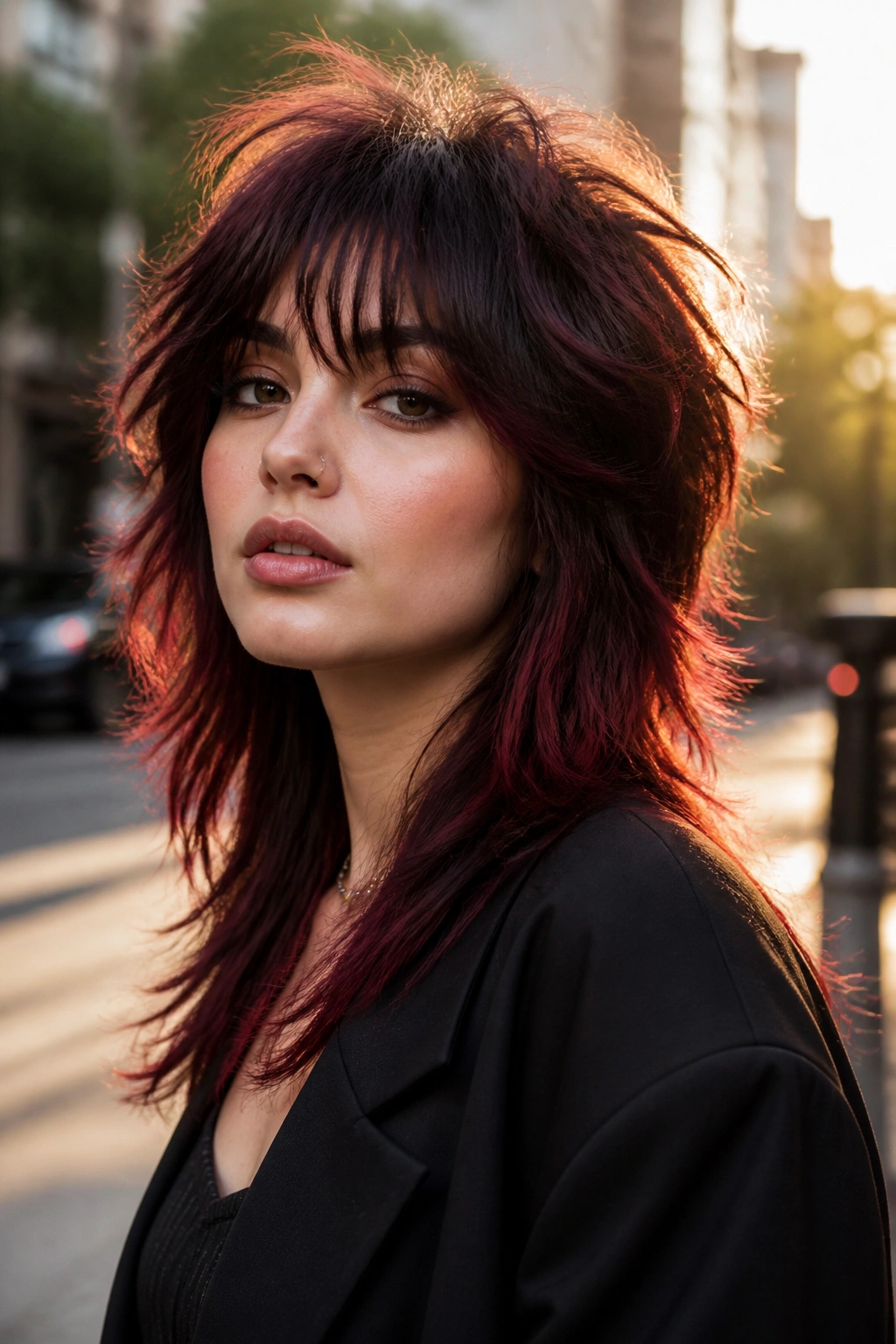 Portrait of a real woman with a dark cherry wolf cut.
