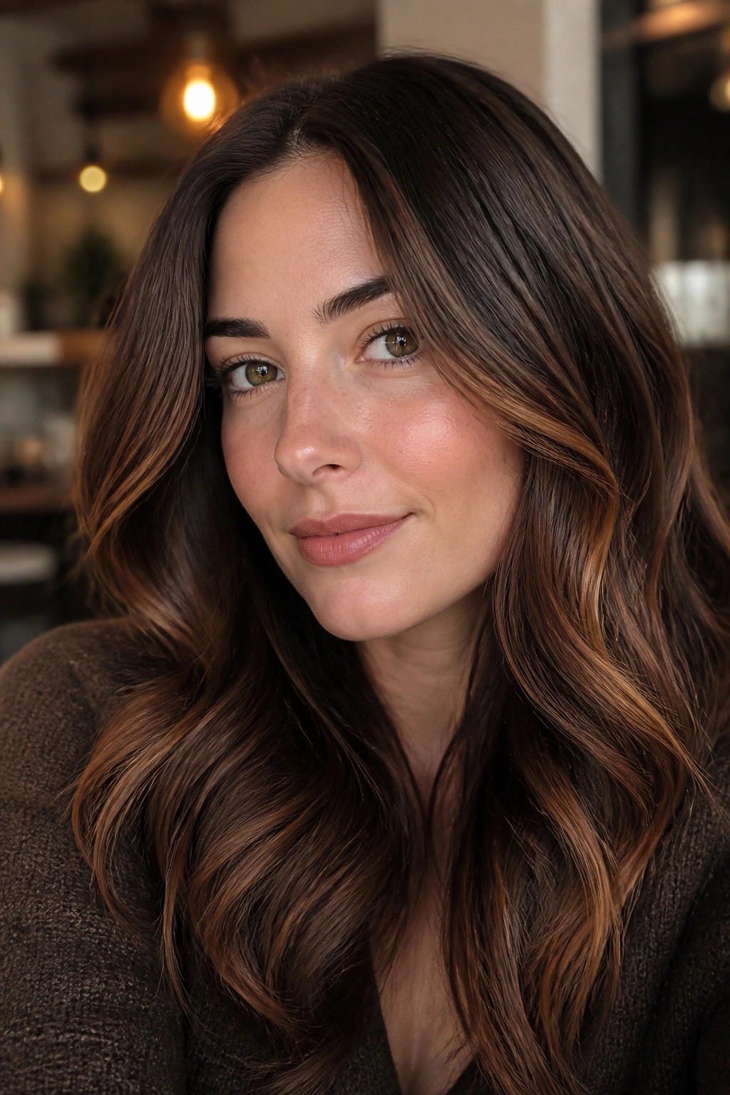 Close-up portrait of a real woman with dark chocolate hair and muted apricot glaze in soft light