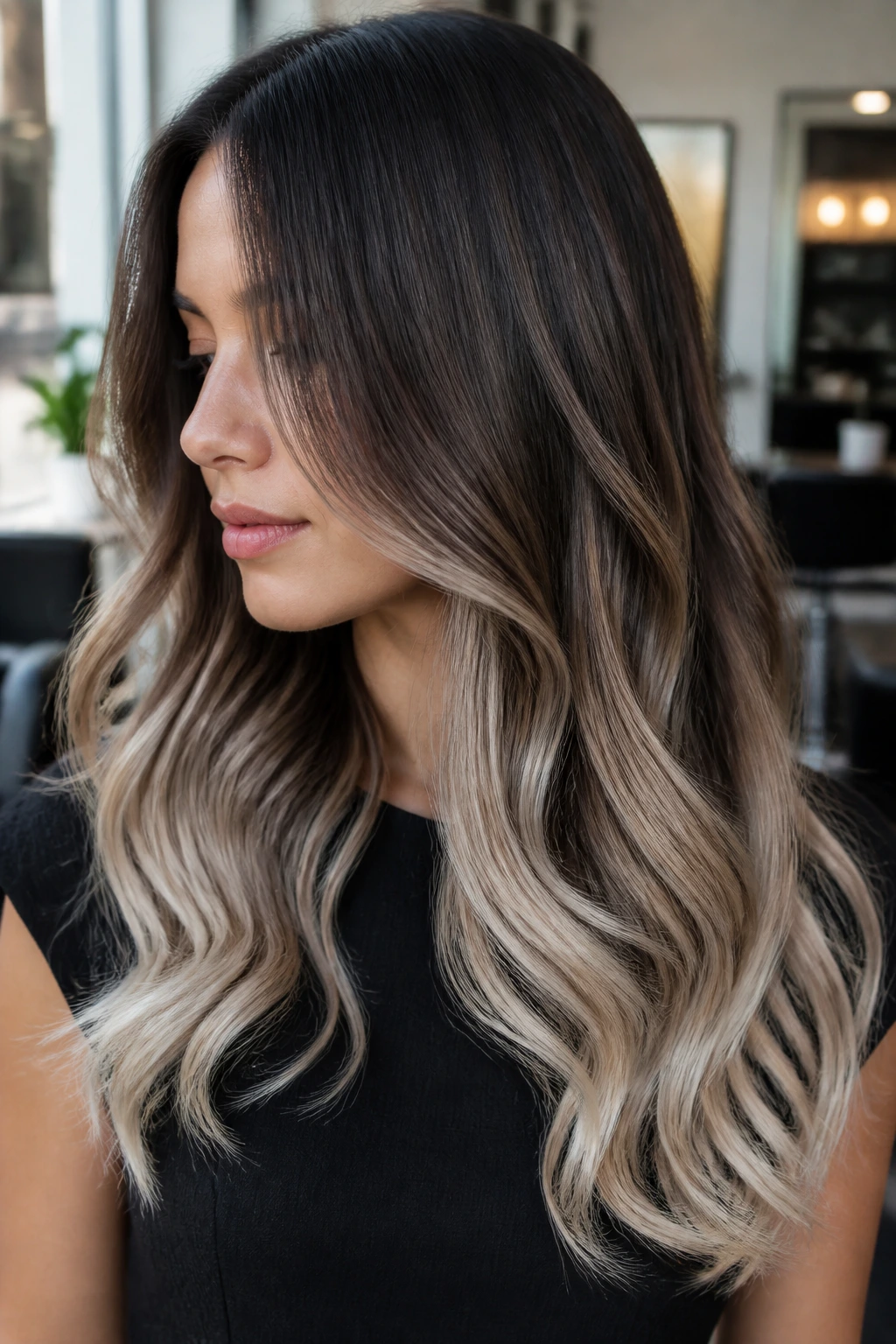Close-up portrait of a woman with dark chocolate to vanilla ash ombré hair