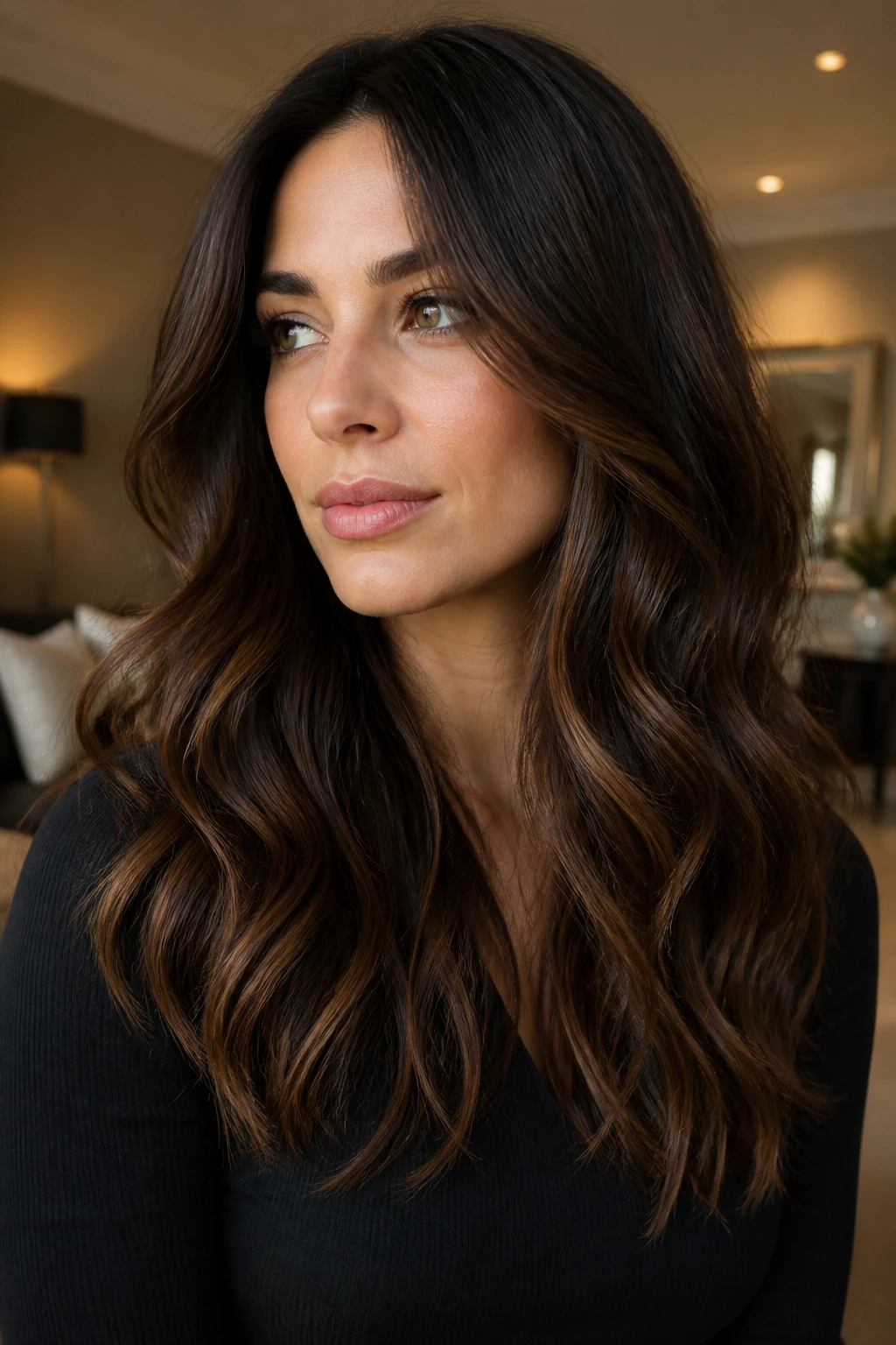 Close-up of brunette with dark chocolate balayage, restrained lighter ends