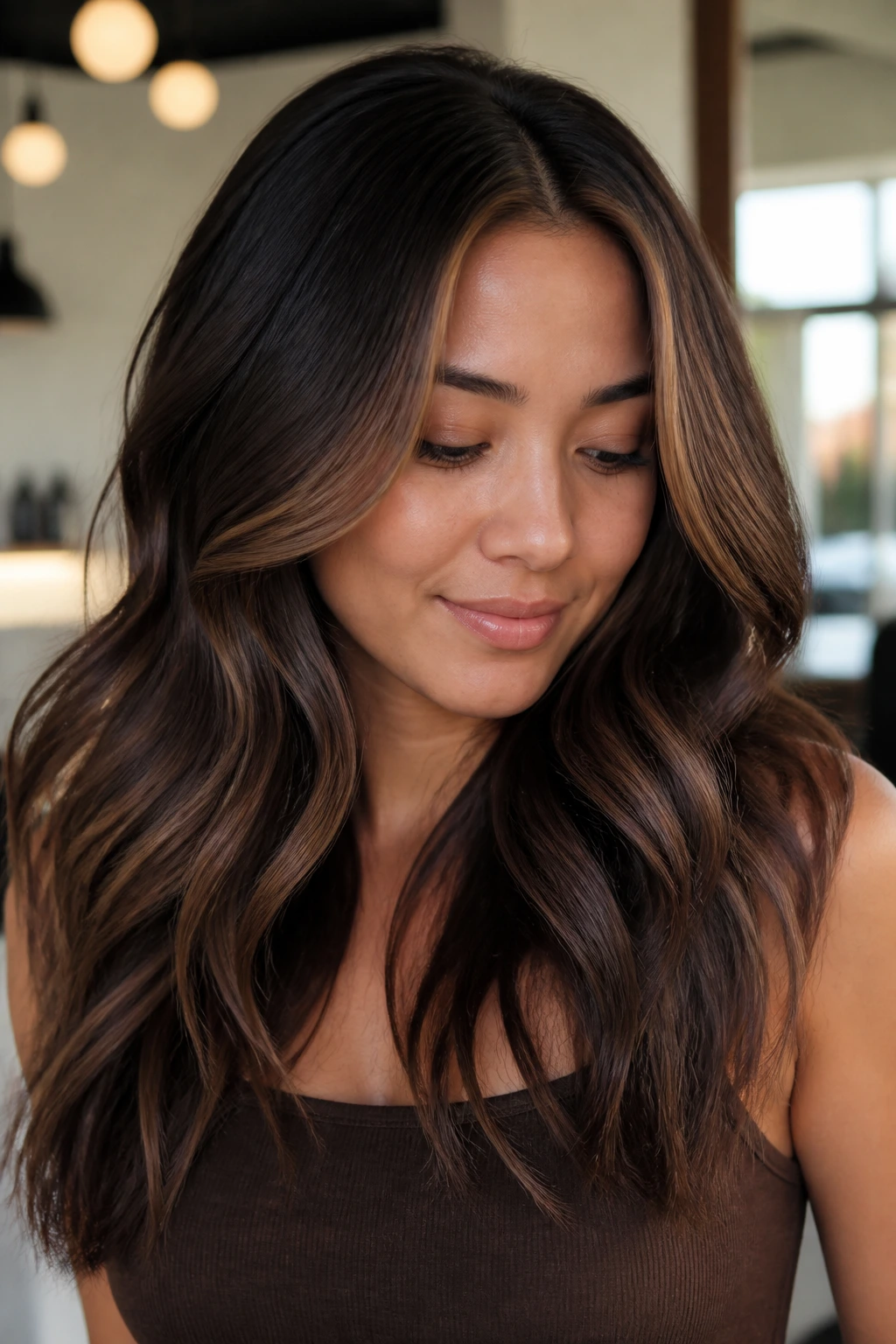 Close-up of a real woman with dark chocolate balayage and halo frame around the crown in a salon
