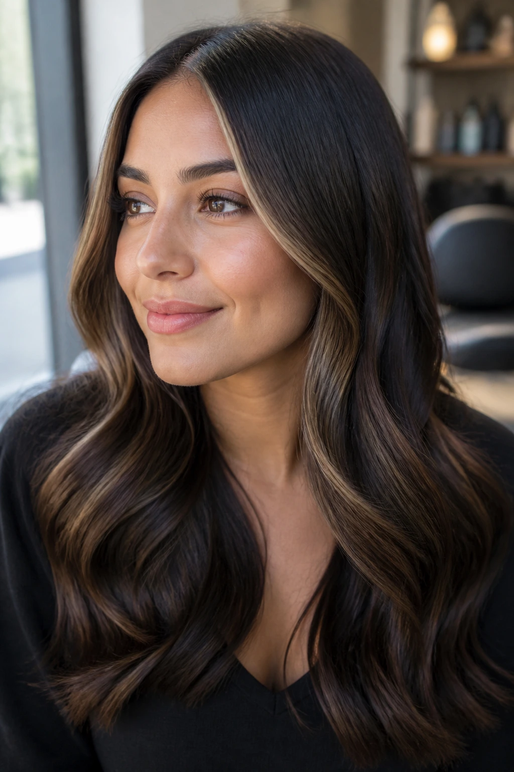 Close-up of a real woman's head showing dark chocolate balayage with a thin money piece