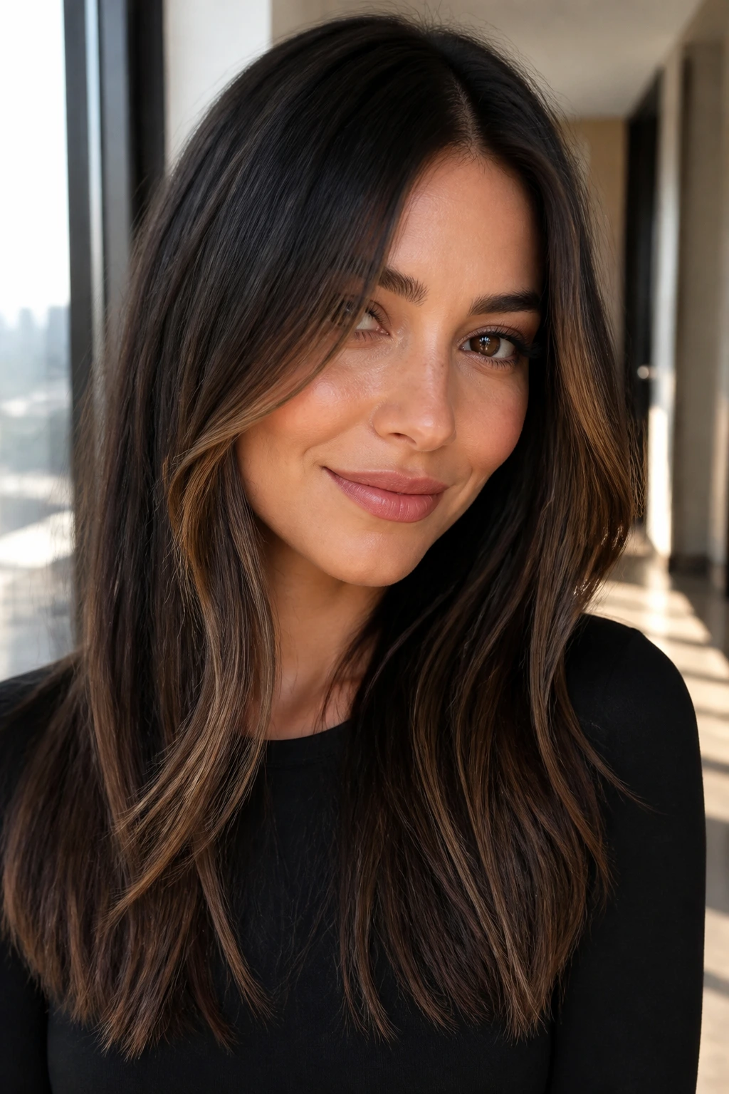 Close-up of a real woman with dark chocolate balayage and face-framing veils