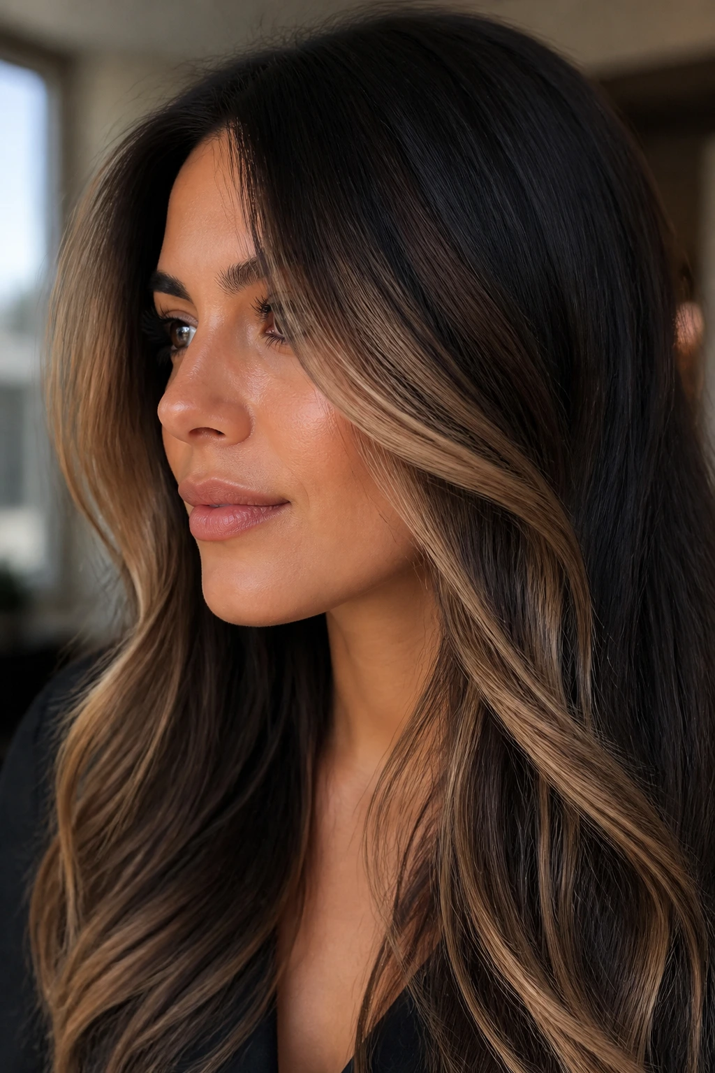 Close-up of a real woman with dark chocolate roots and beige brown highlights.