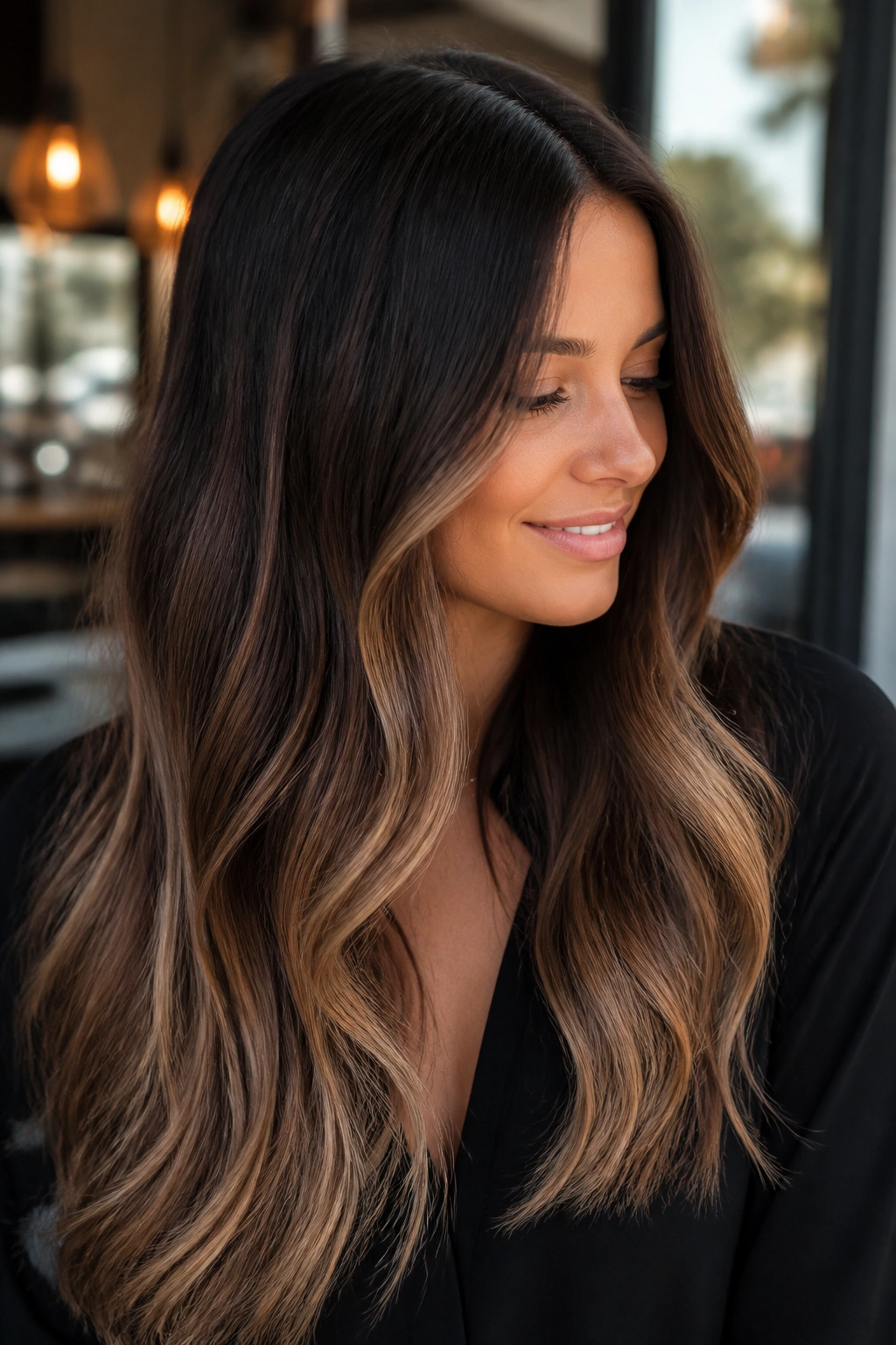 Close-up of a real woman with dark chocolate to beige brown ombre on long hair