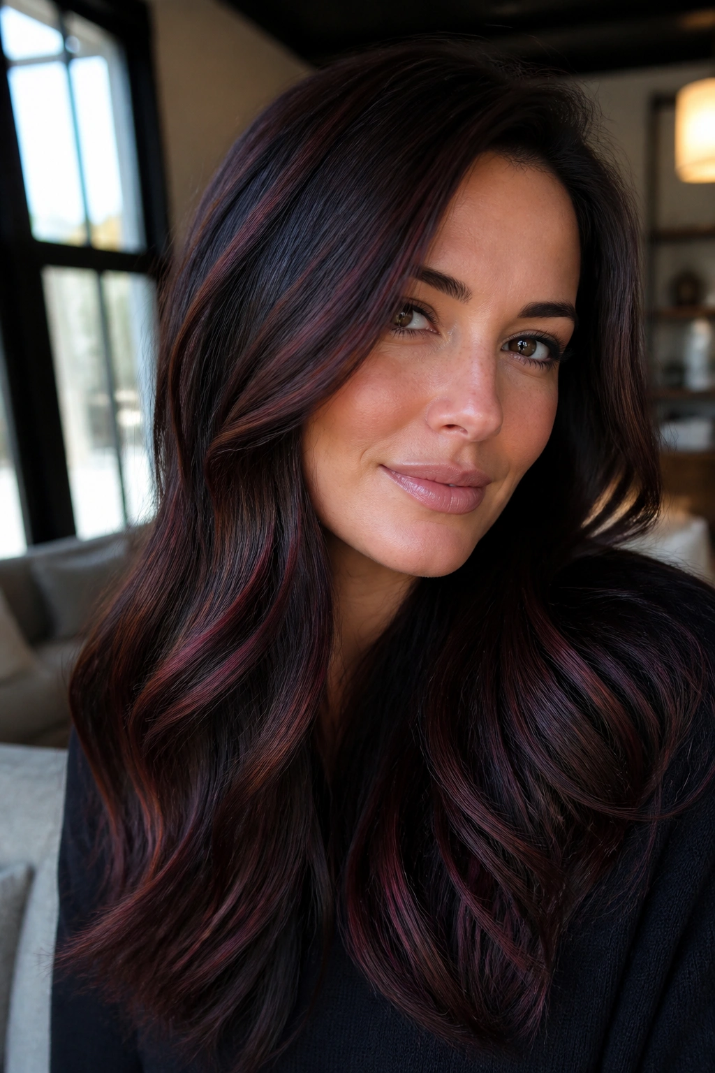 Portrait of a woman with dark chocolate hair and blue-red lowlights showing depth.
