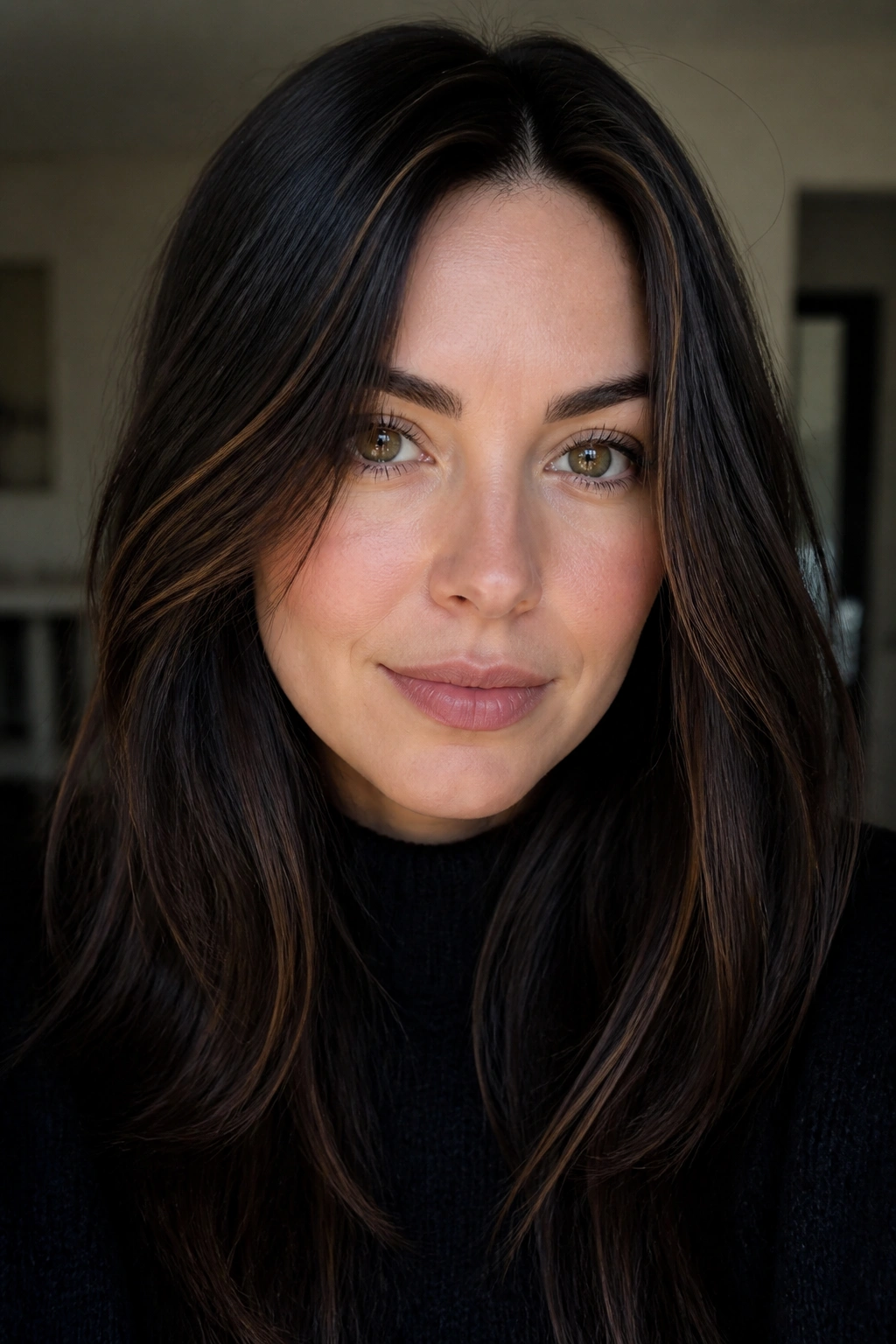 Close-up of real woman with dark chocolate brown hair and sparse caramel threads
