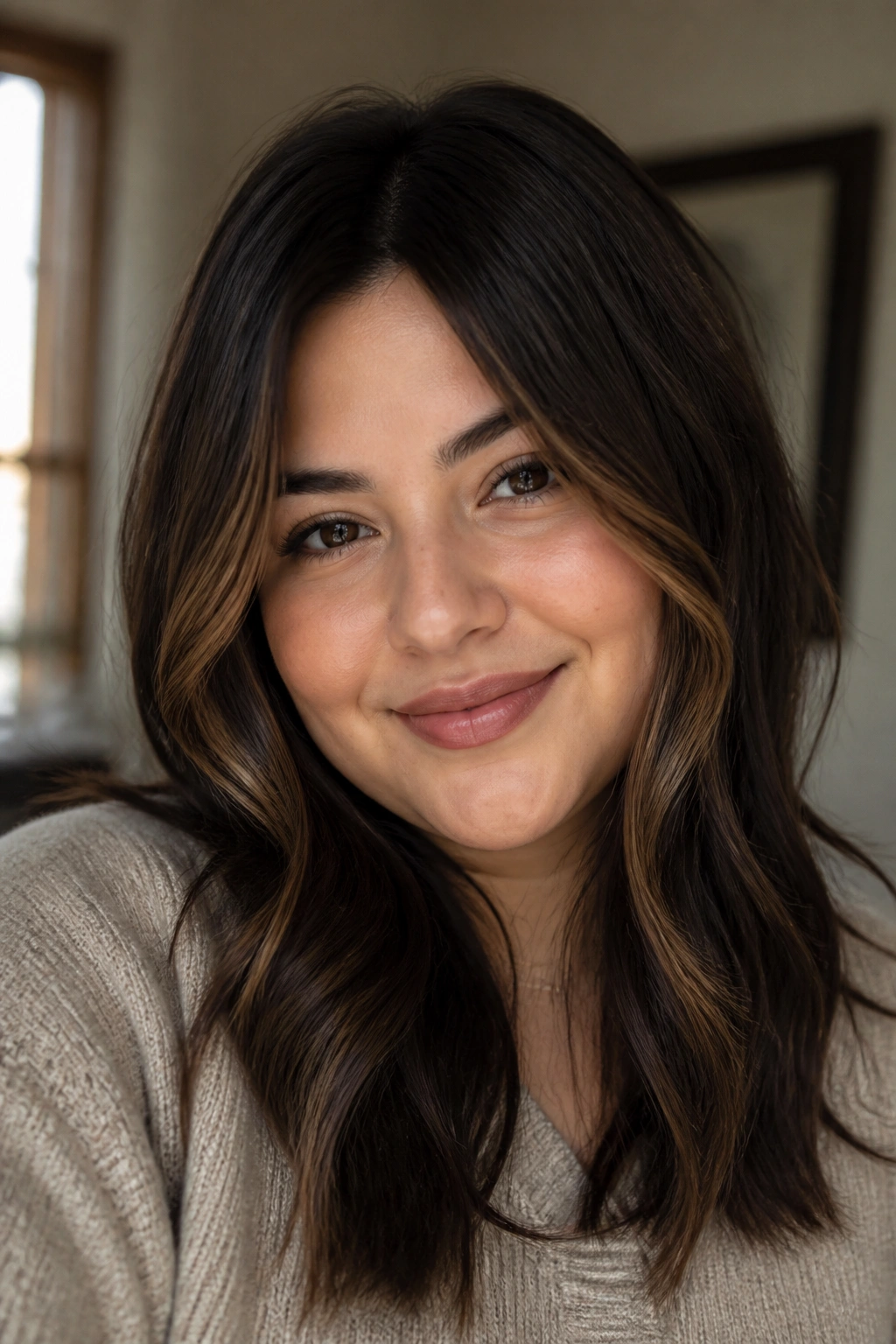 Close-up of a real woman with dark chocolate brown hair and subtle lighter face-framing pieces.