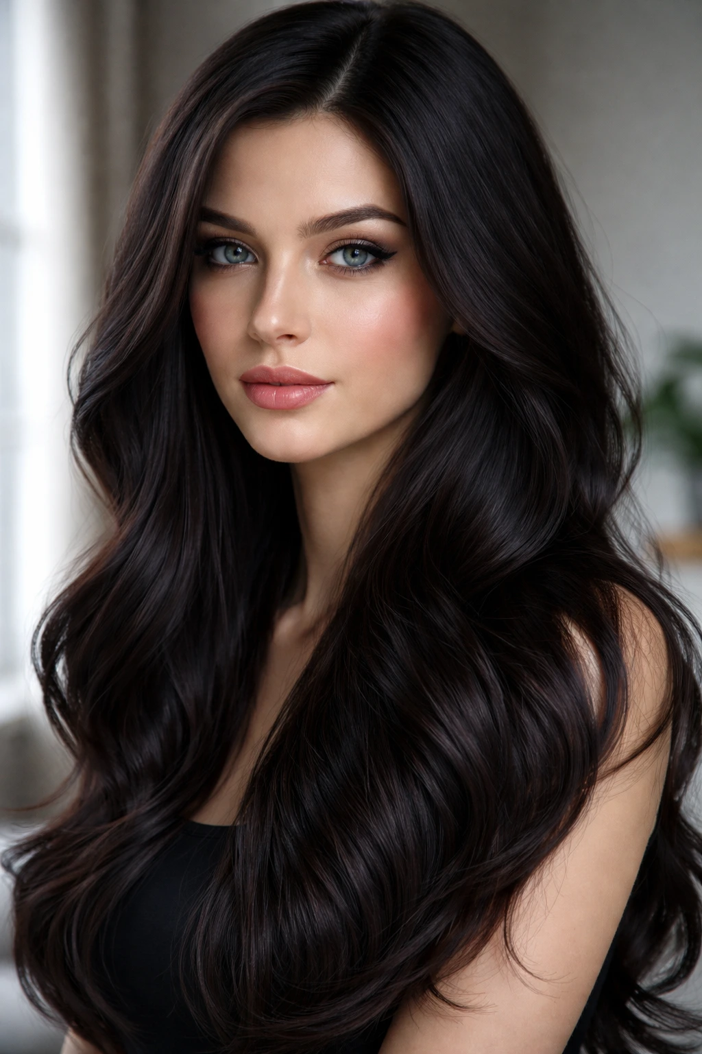 Close-up portrait of a real person with classic dark chocolate brown hair and cool undertones.