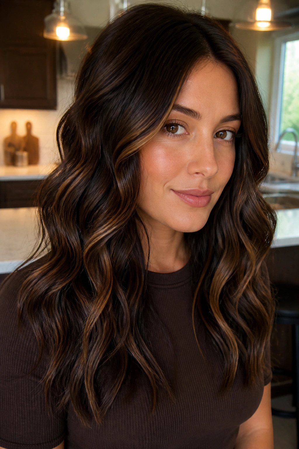 Close-up of a real woman with dark chocolate brown hair and honey ribbons in a kitchen