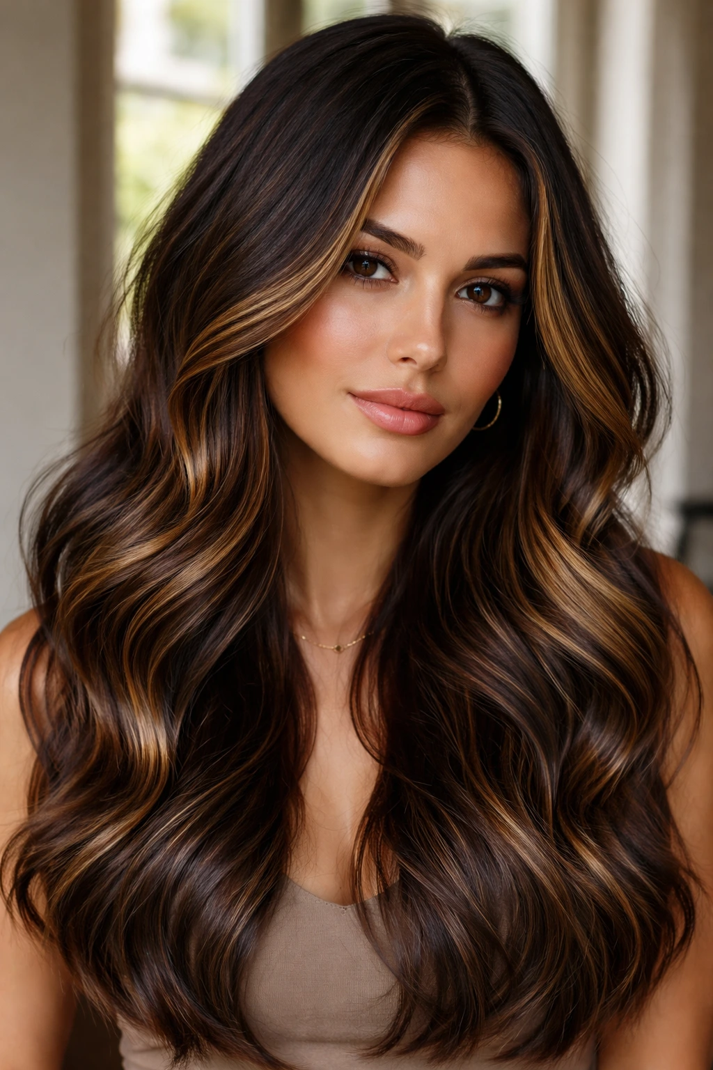 Close-up portrait of a real woman with dark chocolate base and creamy caramel accents.