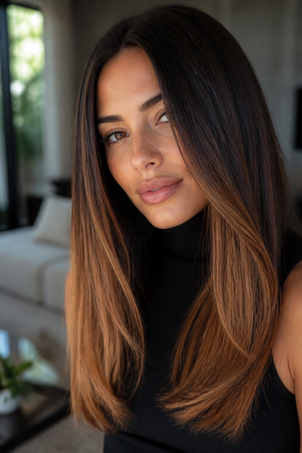 Portrait of a real woman with glossy dark chocolate hair melting into caramel ends