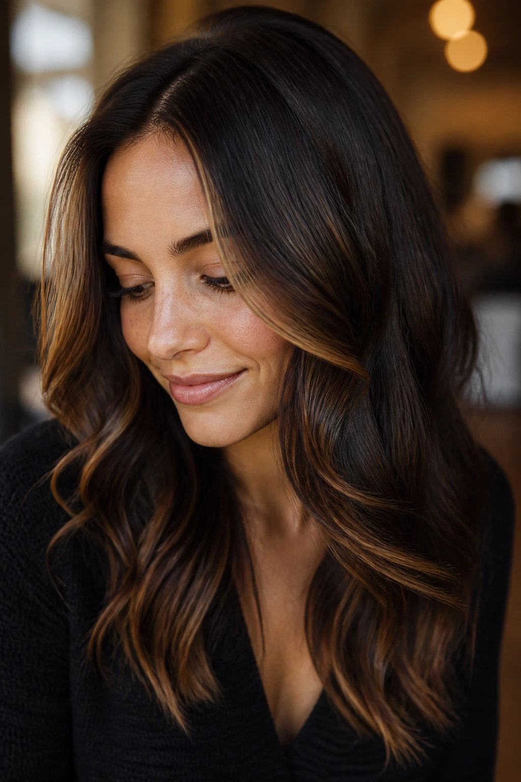 Close-up of a real woman with dark chocolate brown hair and caramel highlights