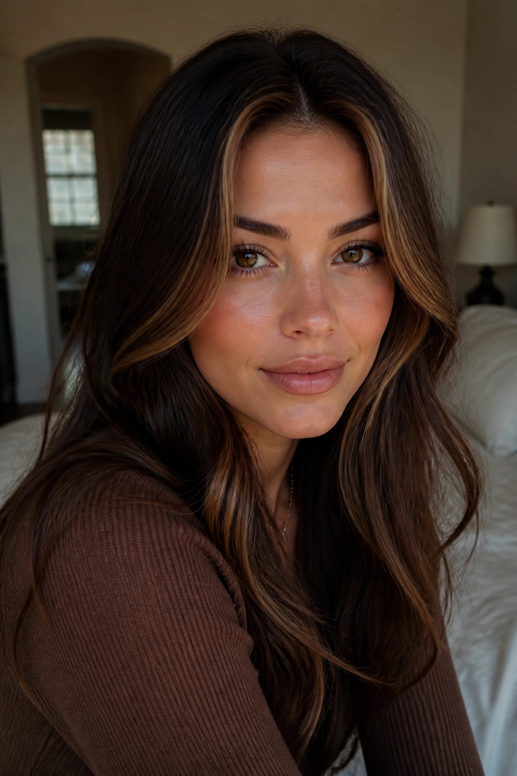 Close-up portrait of a real woman with dark chocolate hair and caramel money piece framing the face.