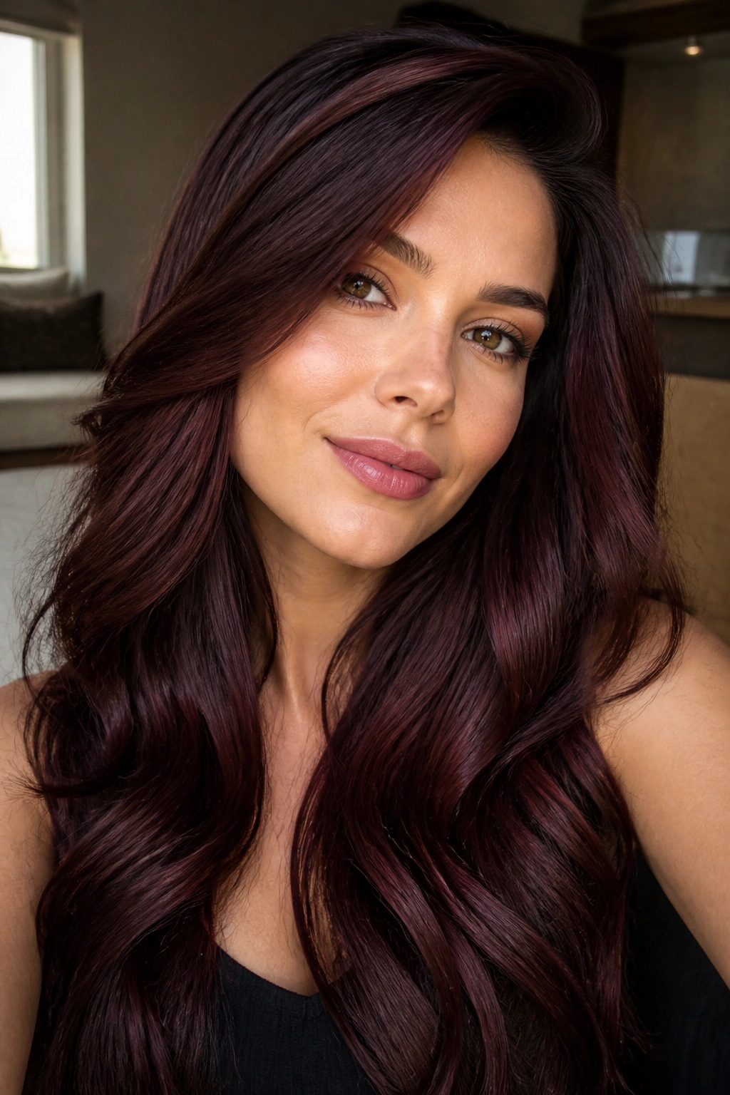 Close-up of a real woman with dark chocolate cherry lowlights in brunette hair.