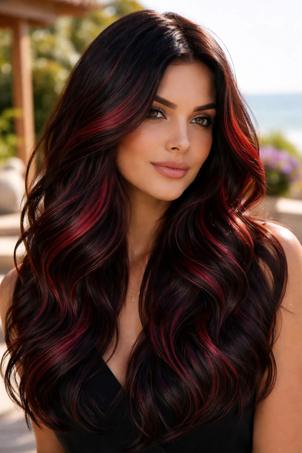 Close-up of a real woman with dark chocolate base and cherry red streaks in loose waves